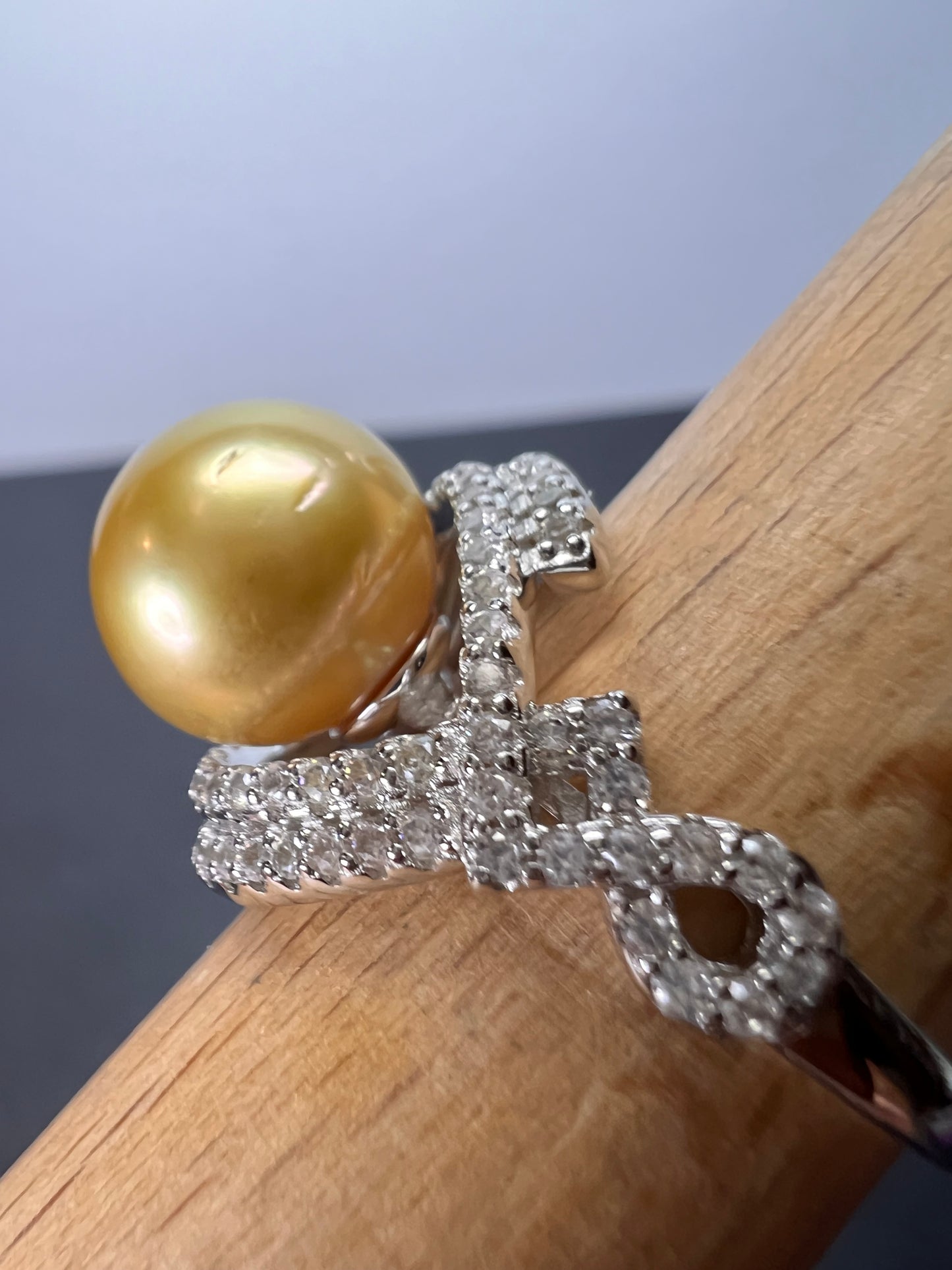 AAA1 Natural Color Deep Gold 11mm Golden South Sea Cultured Pearl and Zircon ring in rhodium over Sterling silver size 9