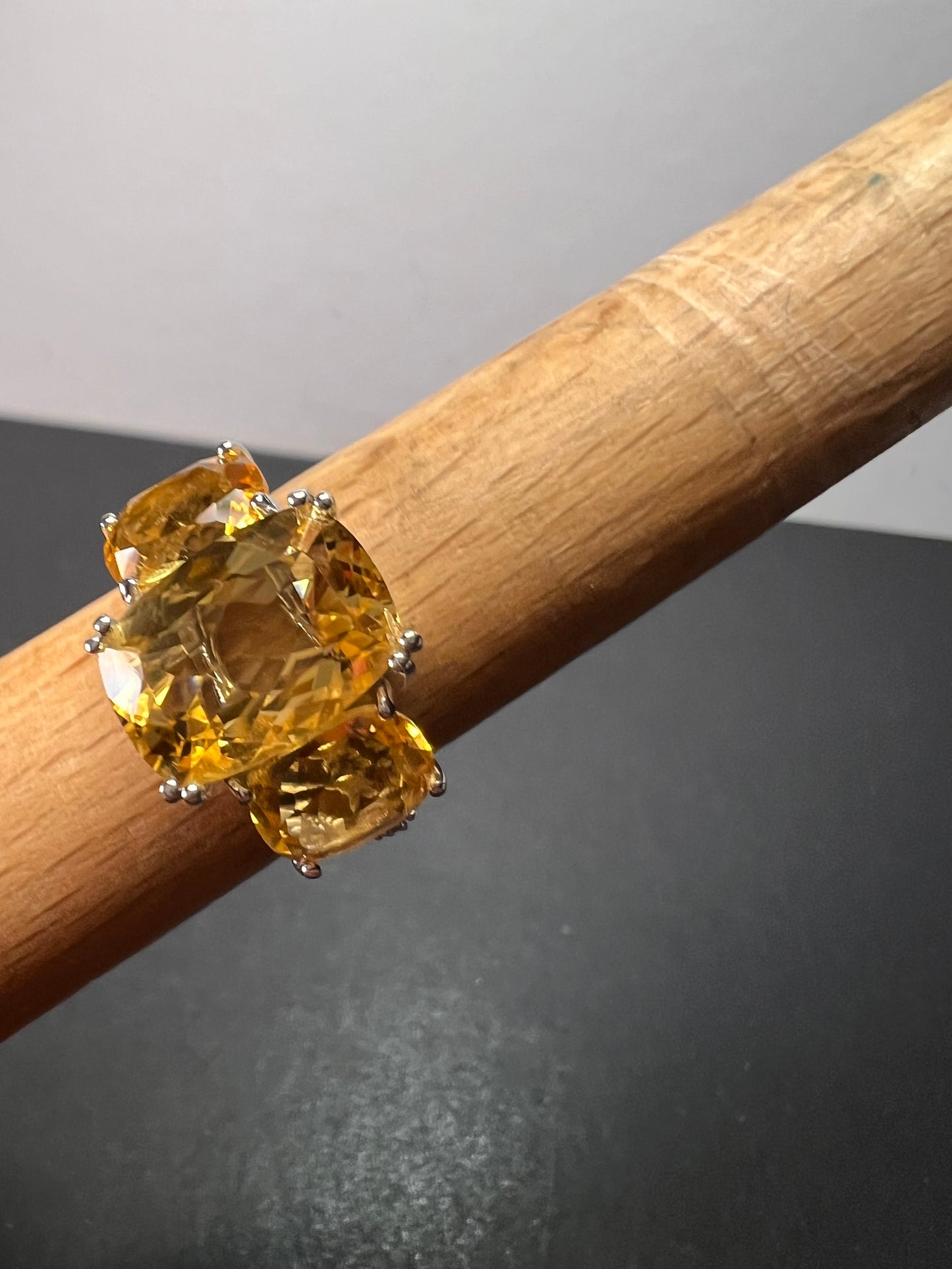 Brand new Brazilian citrine and white zircon 10.20 trilogy ring in platinum over sterling silver size 9