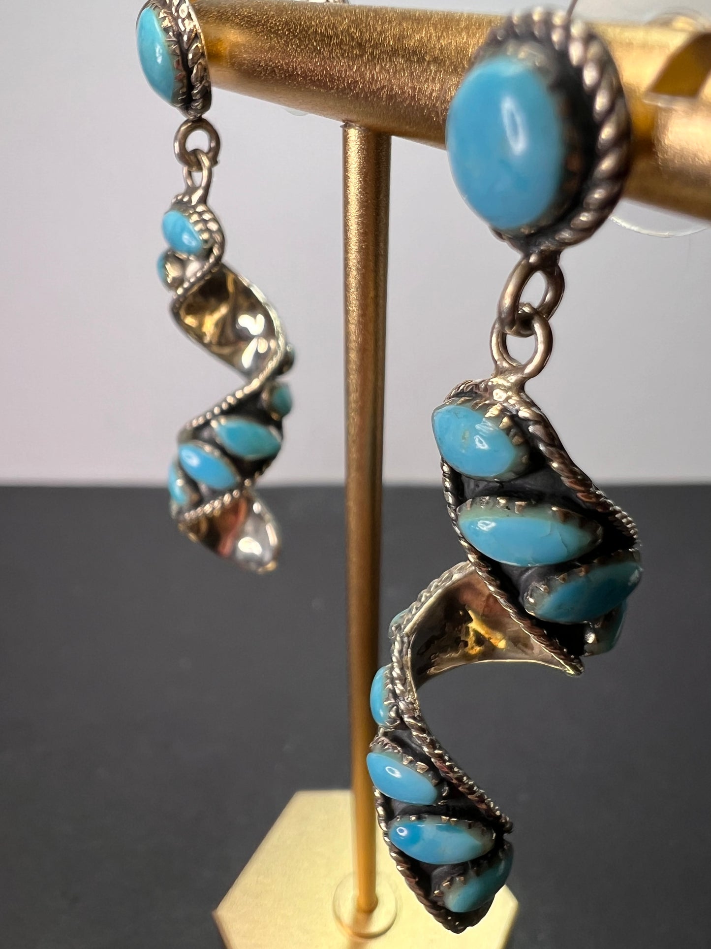 Santa Fe style Kingman turquoise swirl twisted drop sterling silver earrings