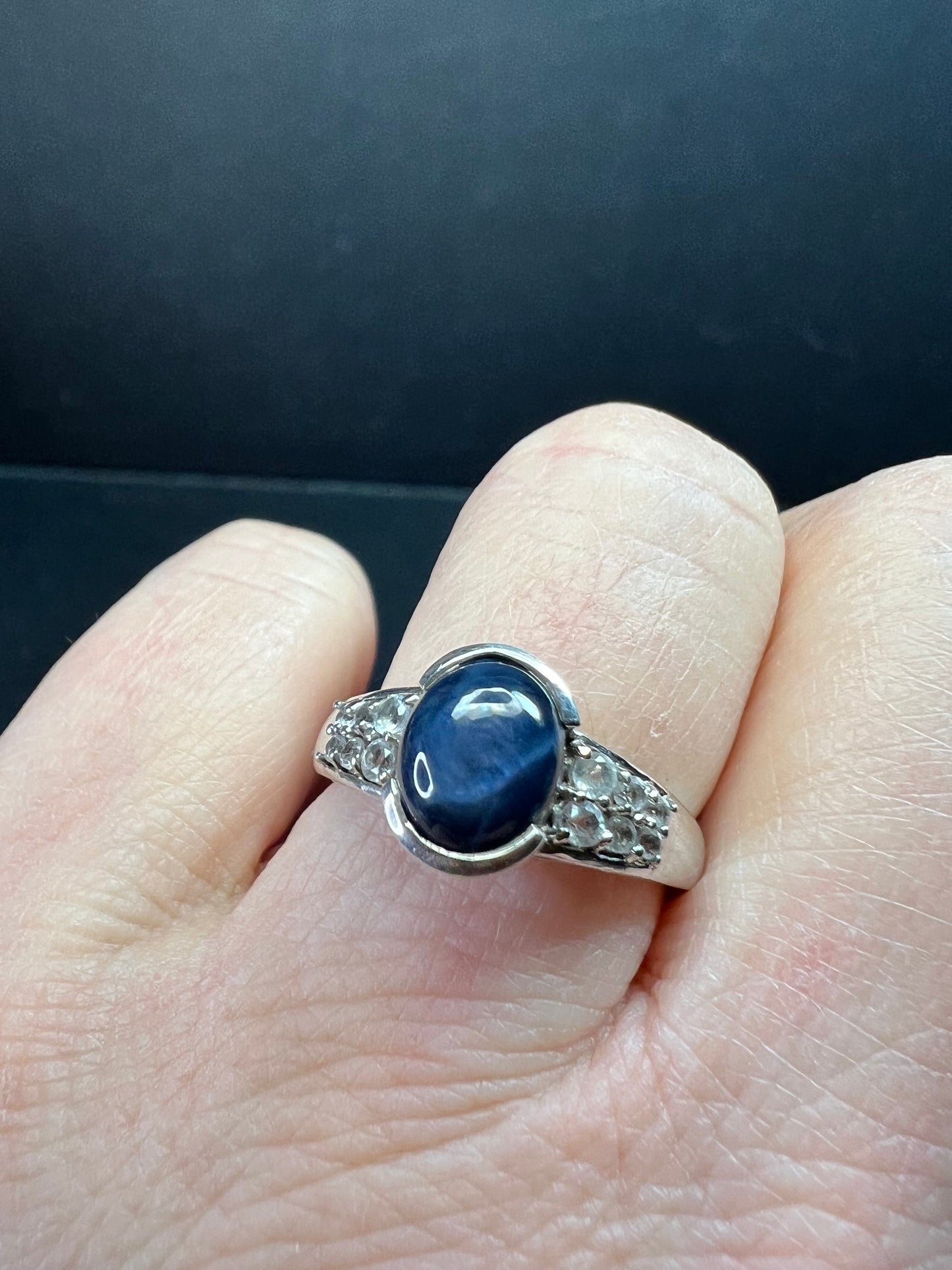 Vintage Star Sapphire & White Topaz Sterling Silver Ring 8