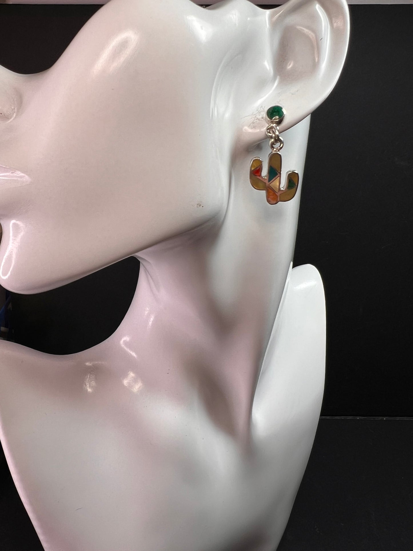 NEW Sterling Silver Peruvian Artistry Mosaic Cactus Earrings – Multi-Gemstone Inlay