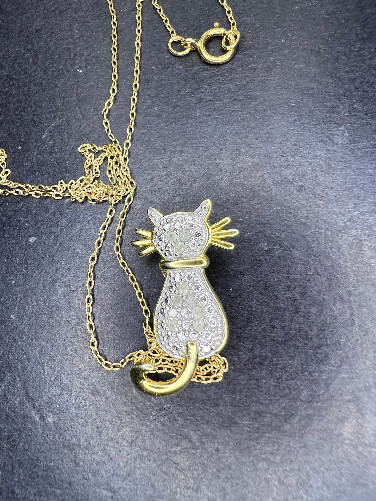 White Diamond 14k Yellow Gold Over Sterling Silver Cat Pendant With Chain 0.10ctw