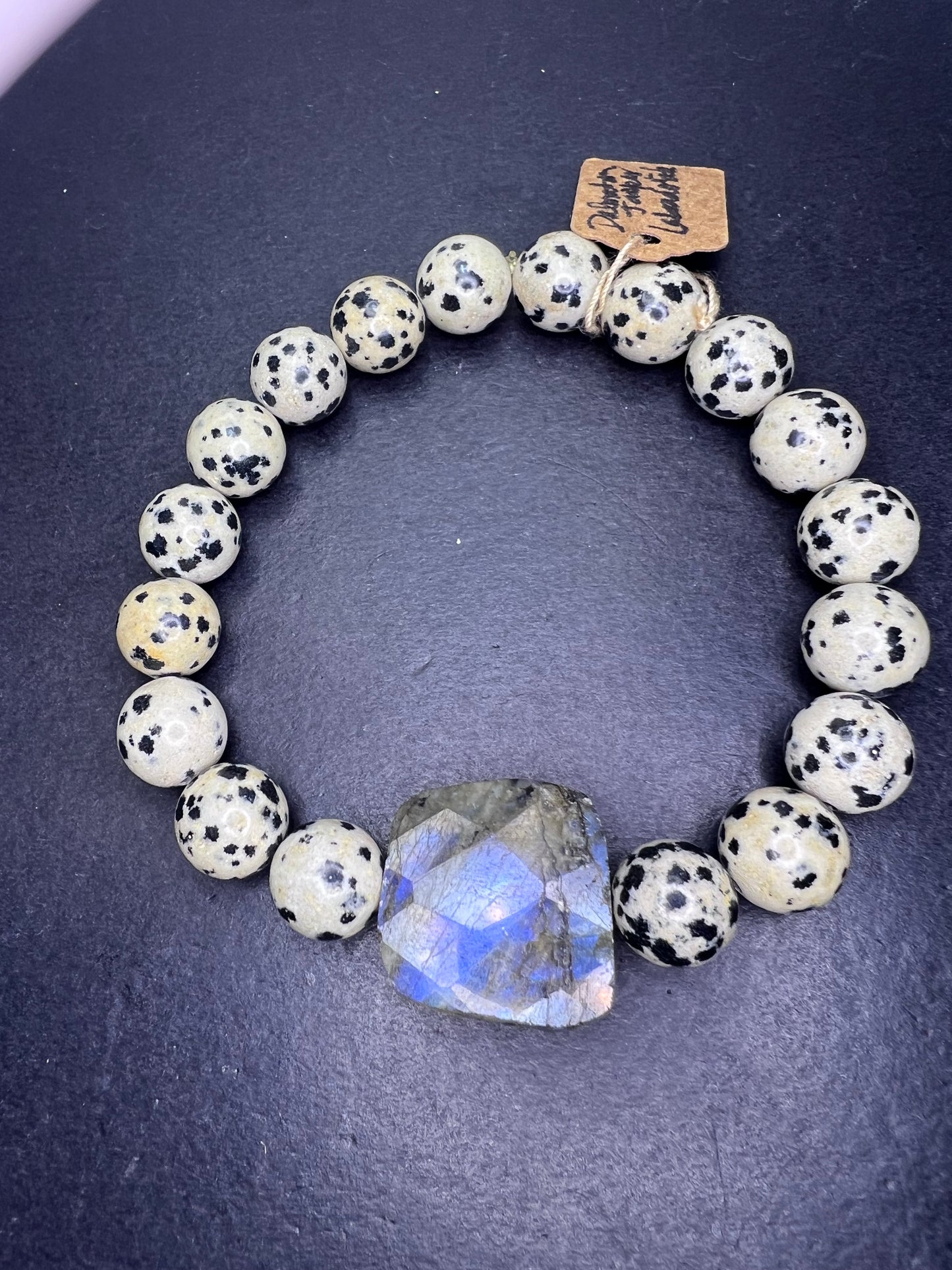 Dalmatian jasper and labradorite stretch bracelet 8 inch