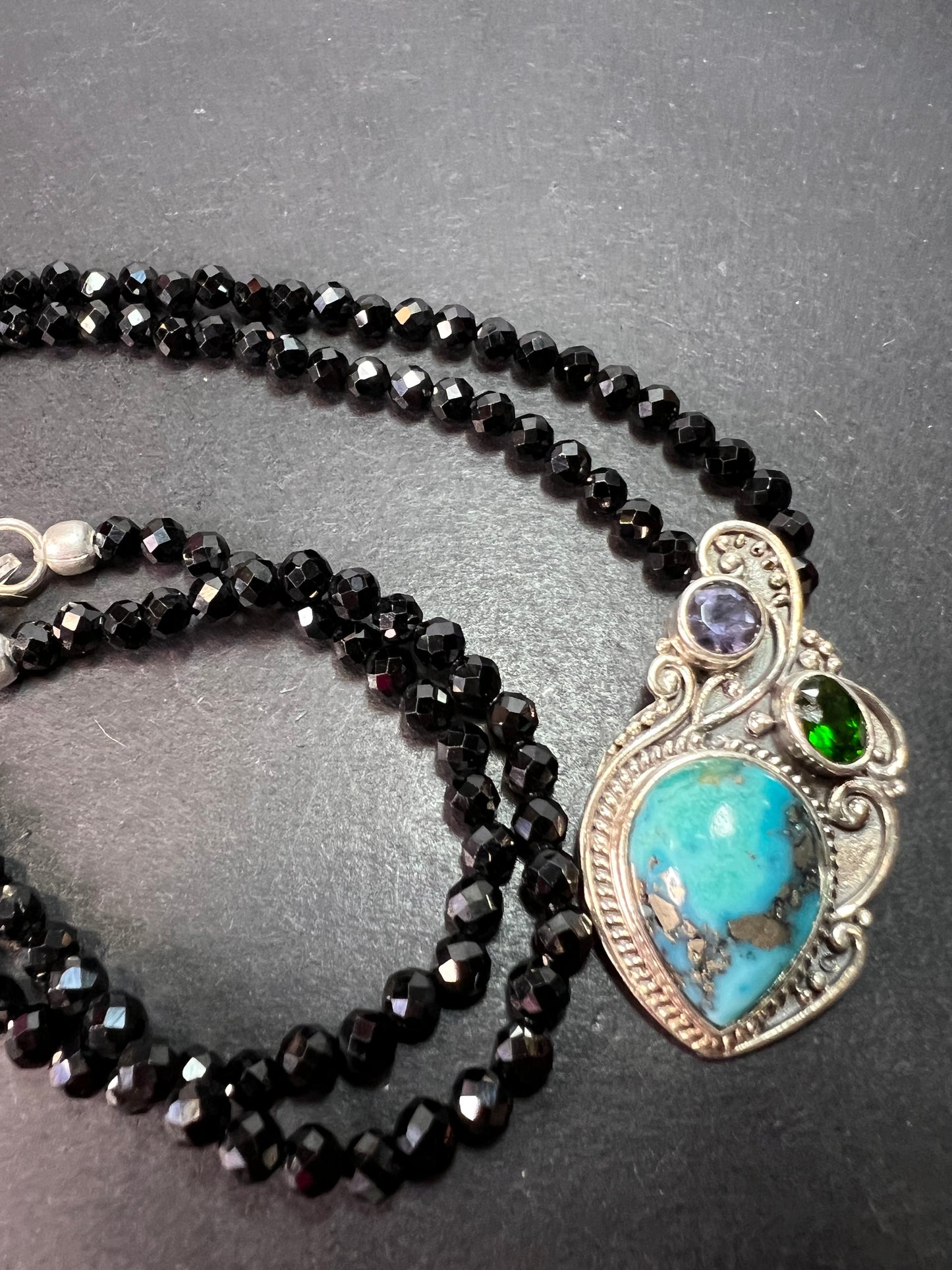 Black spinel and turquoise multi gem sterling silver pendant necklace