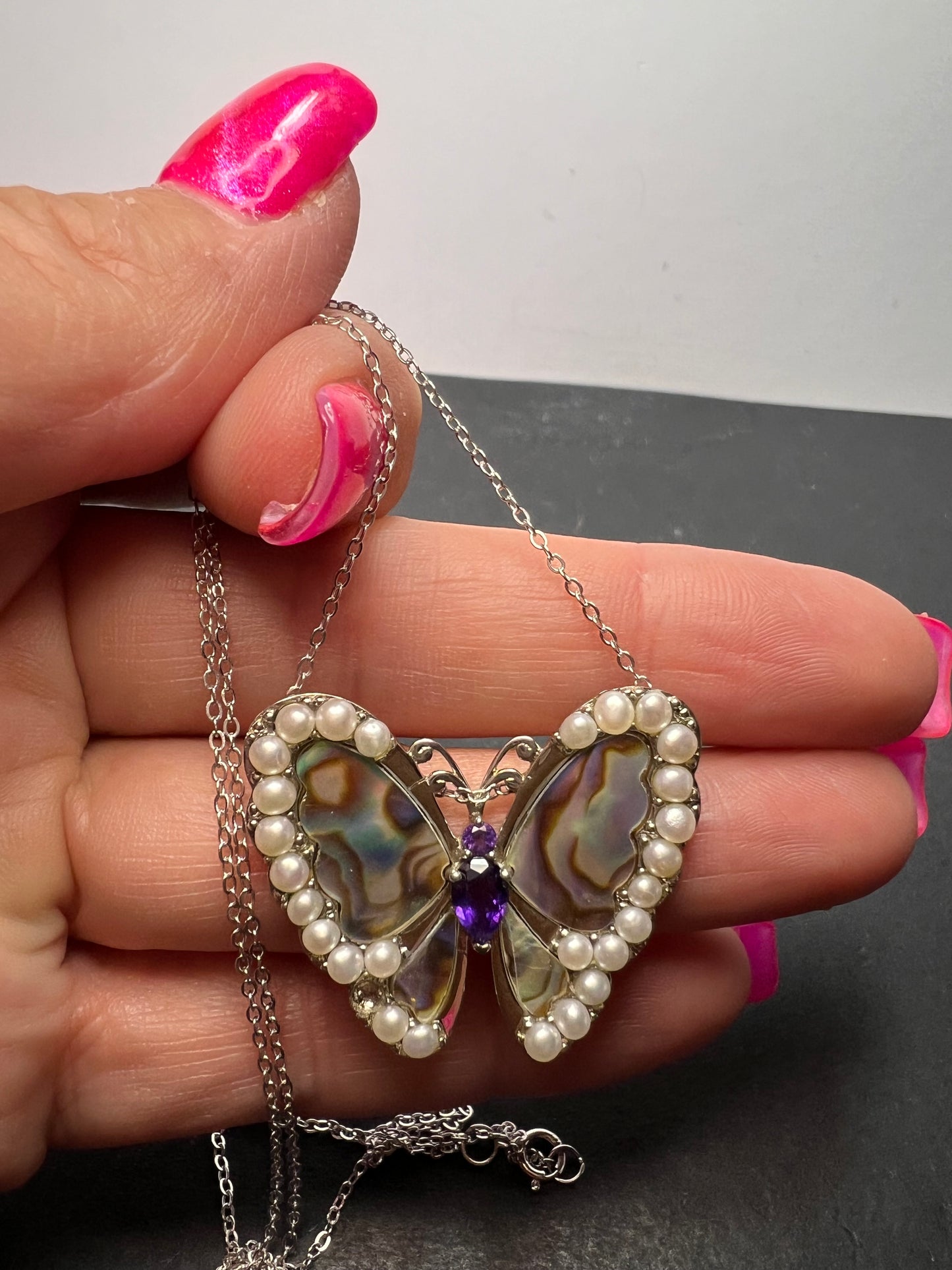 Abalone, amethyst and pearl butterfly sterling silver necklace