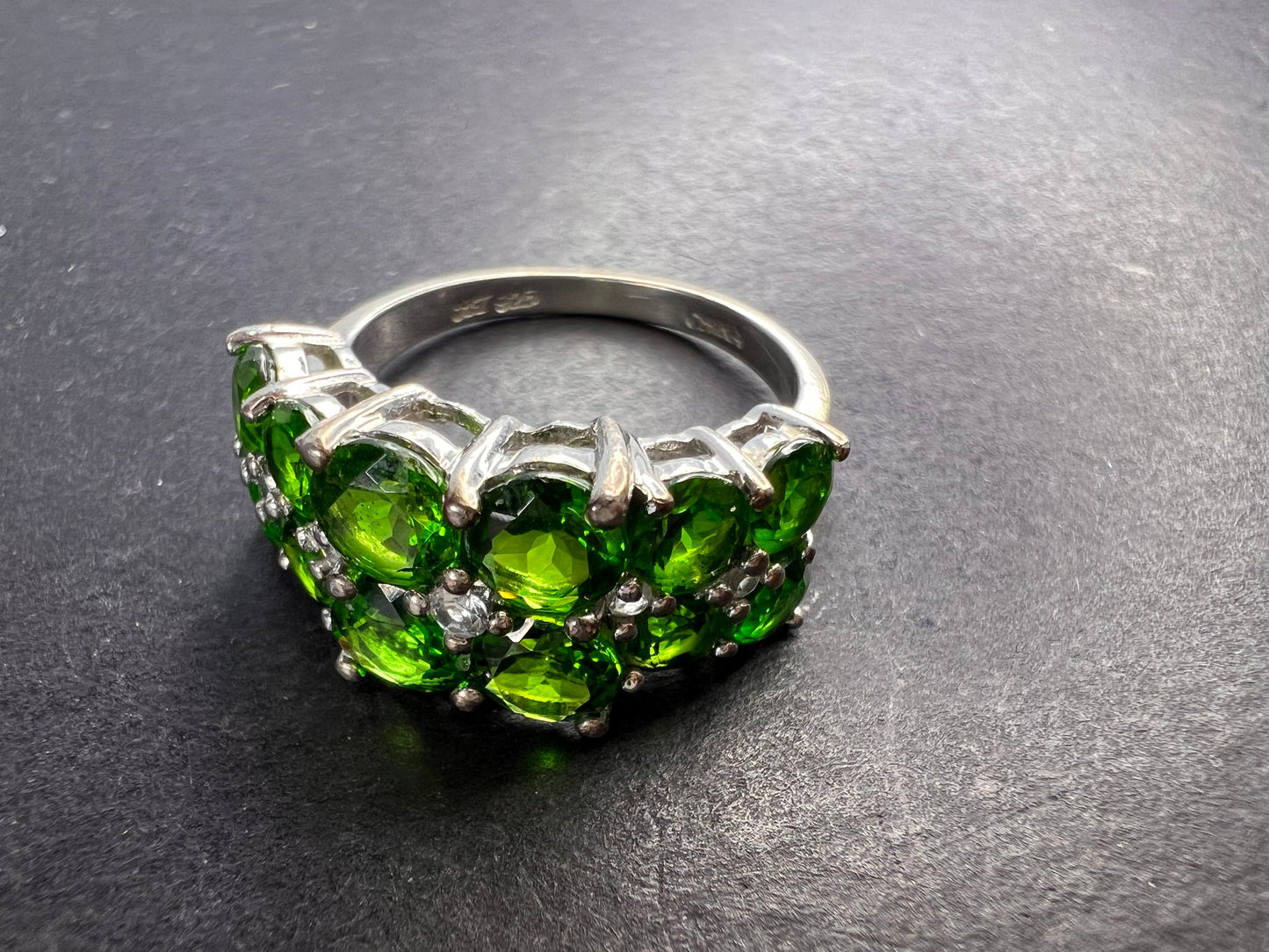 Chrome diopside and white topaz ring in rhodium over sterling silver size 8