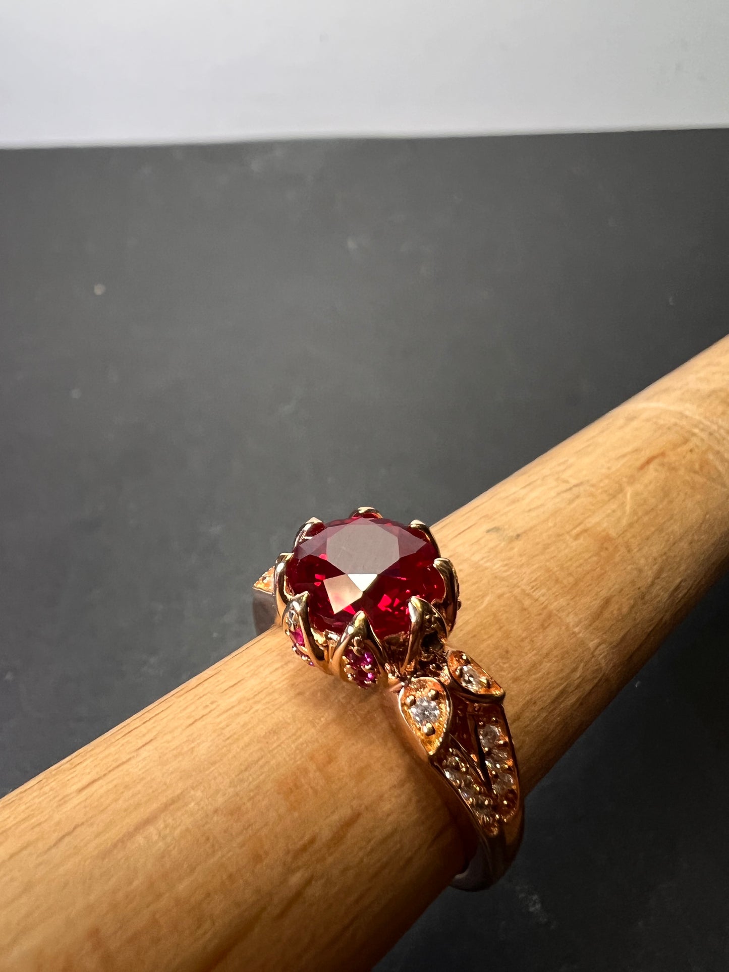 Lab Ruby and pink sapphire rose gold over sterling statement ring size 10