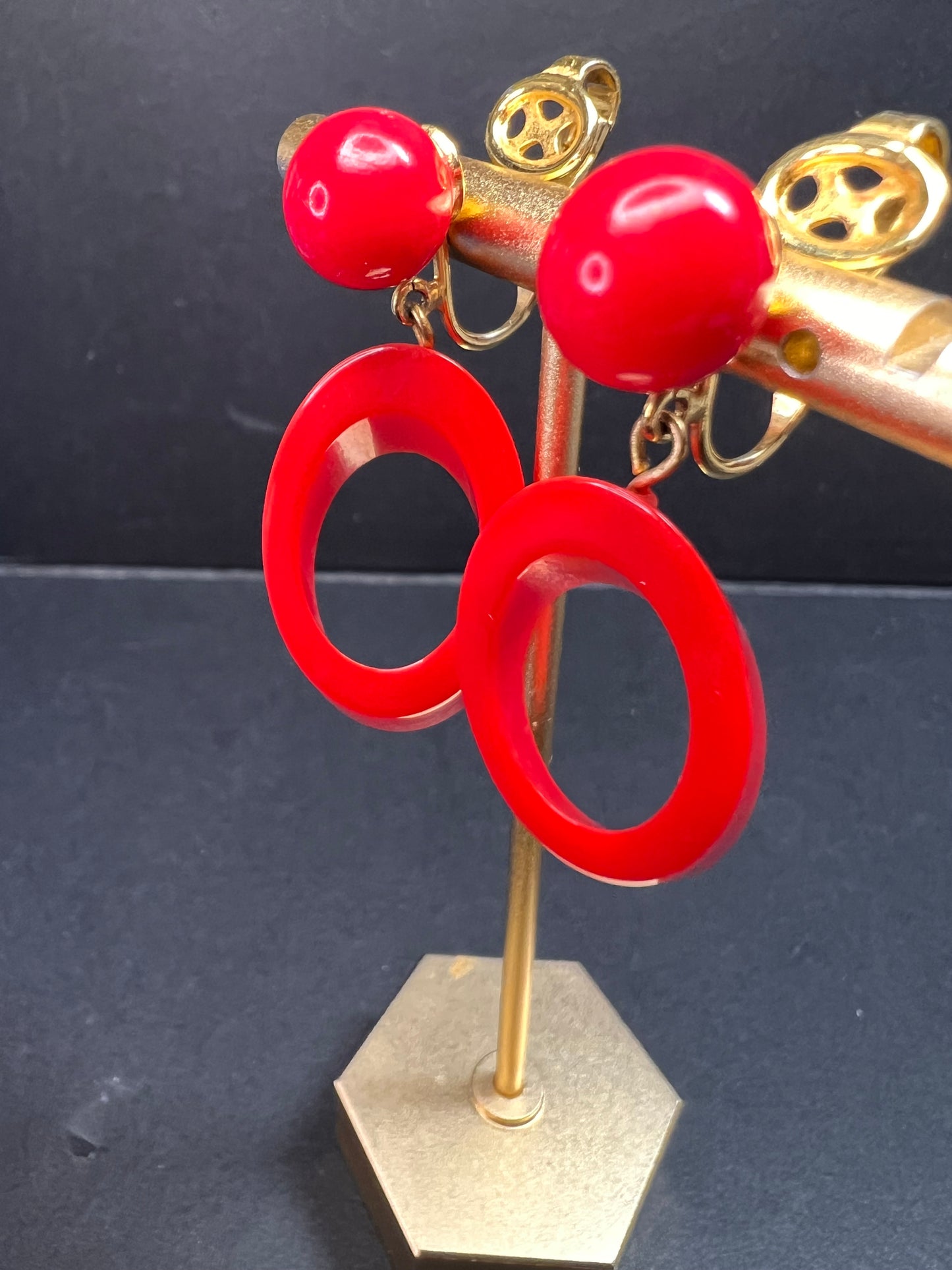 Vintage Trifari red lucite hoop clip on earrings