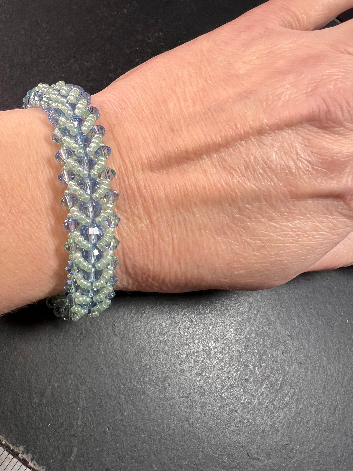 Vintage Blue & Green Crystal Beaded Chevron Braid Toggle Bracelet Y2K