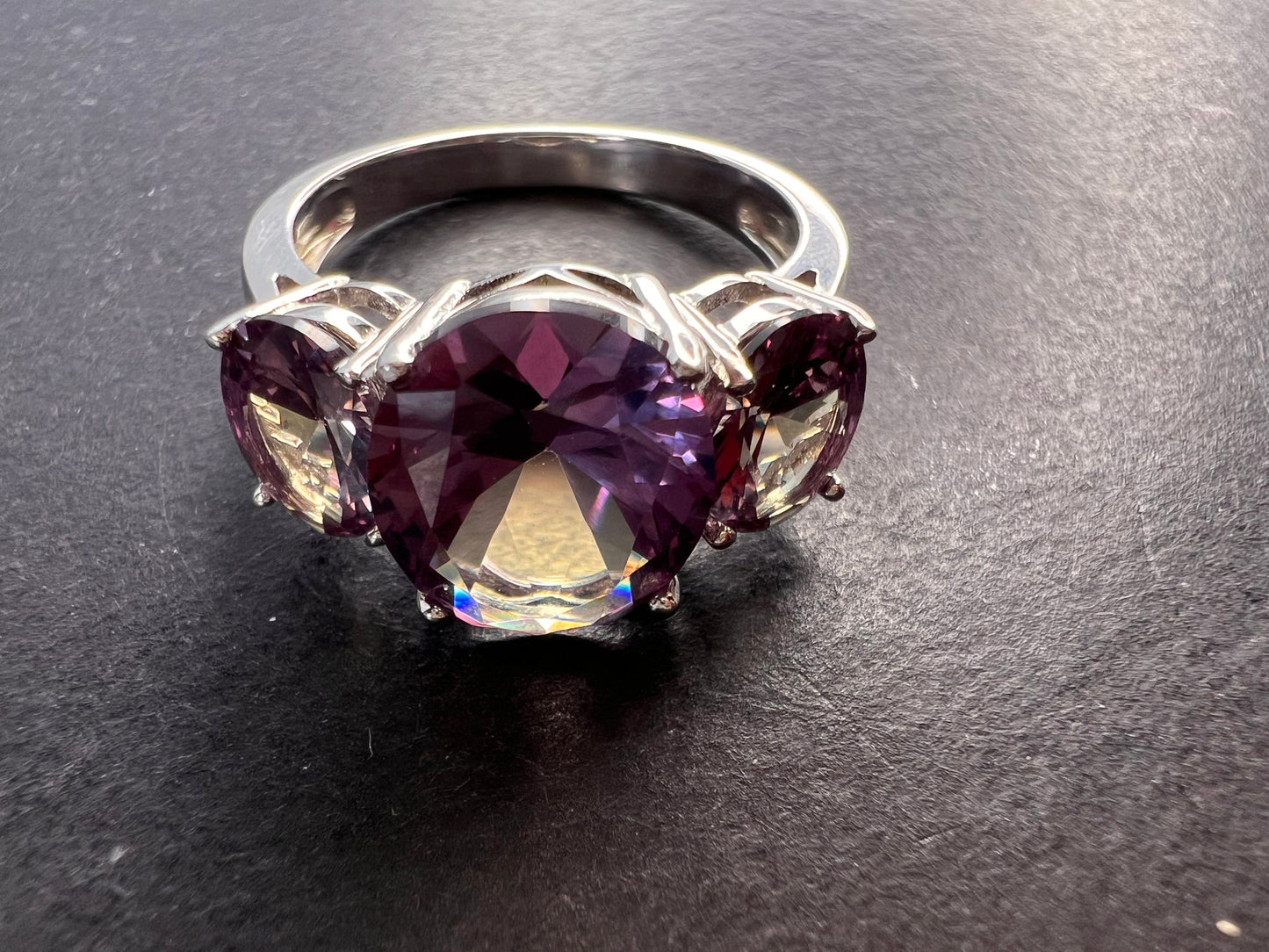 Lab created alexandrite trilogy ring in rhodium over sterling silver size 9