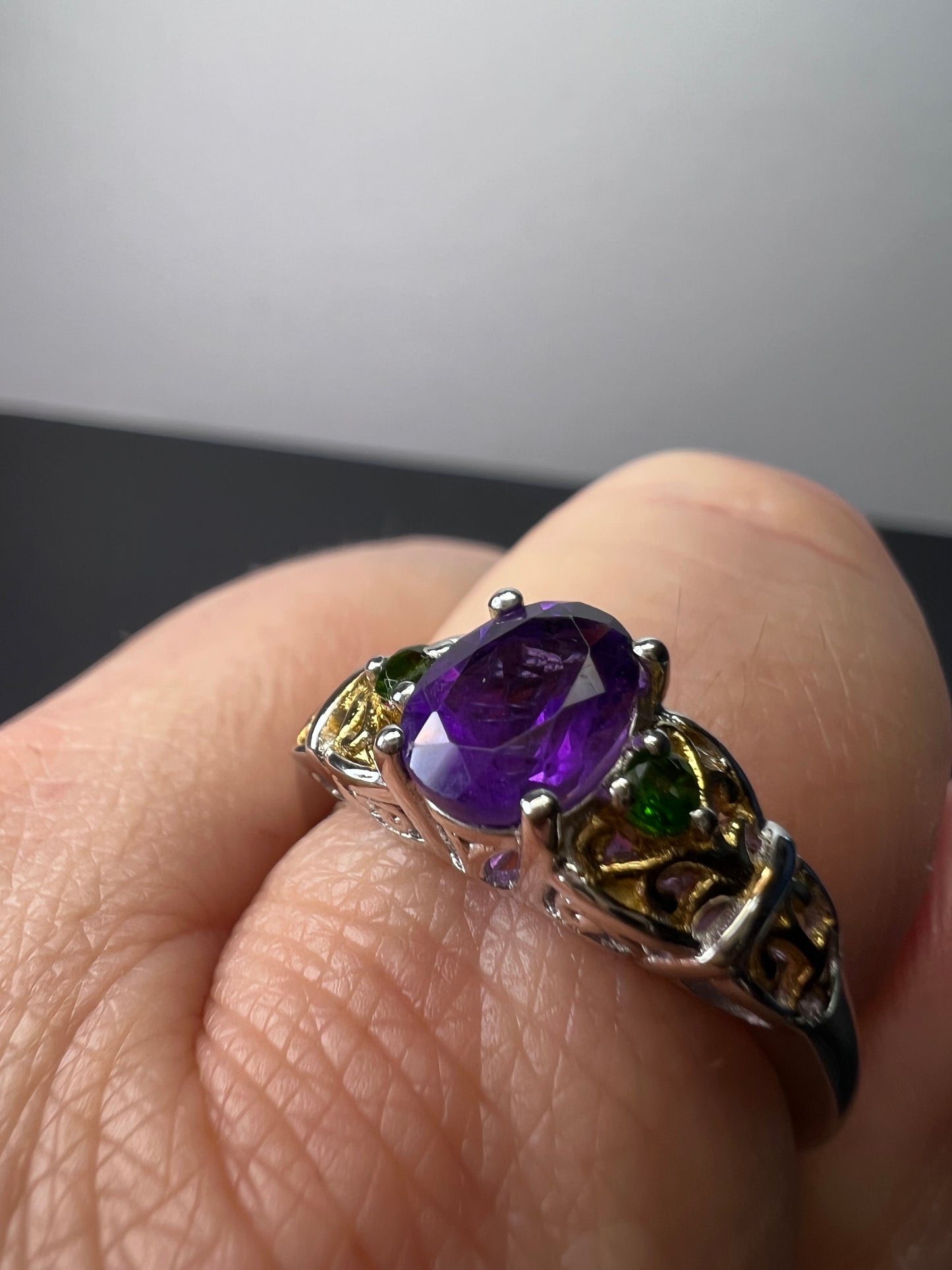 Amethyst and chrome diopside two toned sterling silver ring size 9