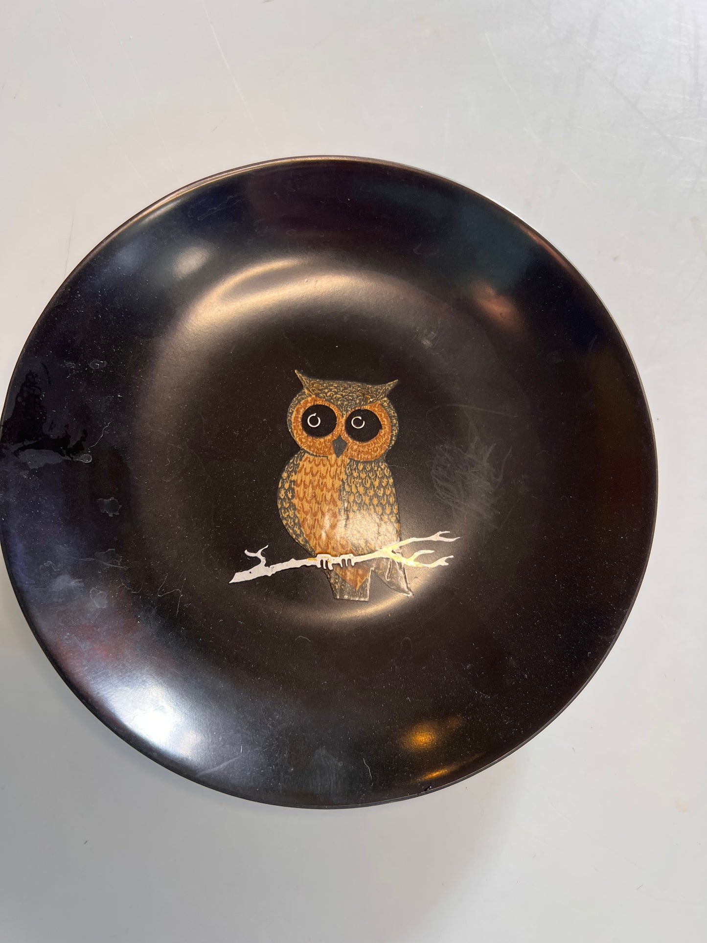 Vintage Couroc of Monterey Owl Inlay Bowl | MCM Black Resin Serving Dish 7.5"