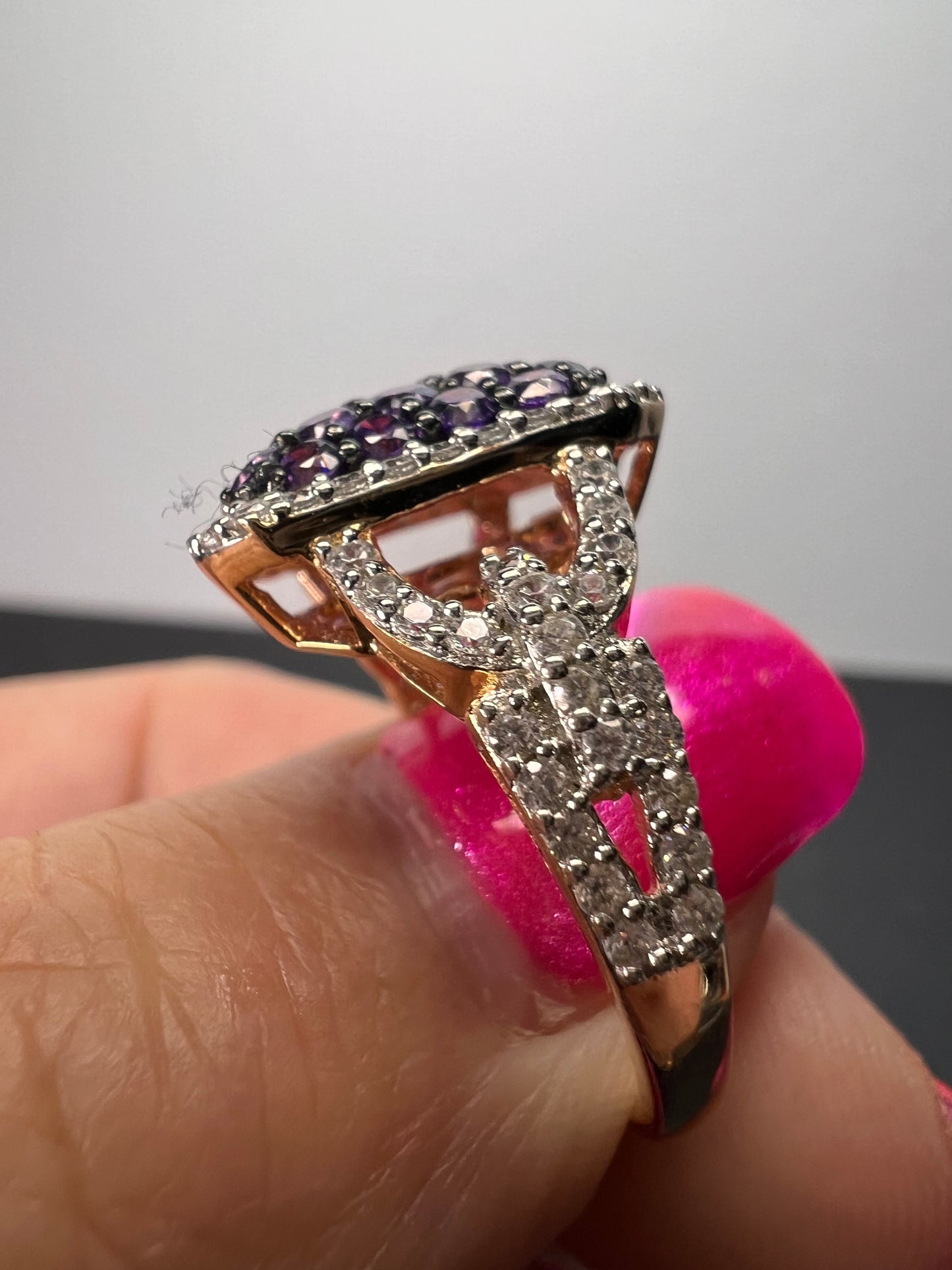 Bella Luce purple and white CZ rose gold over sterling silver cocktail ring size 9