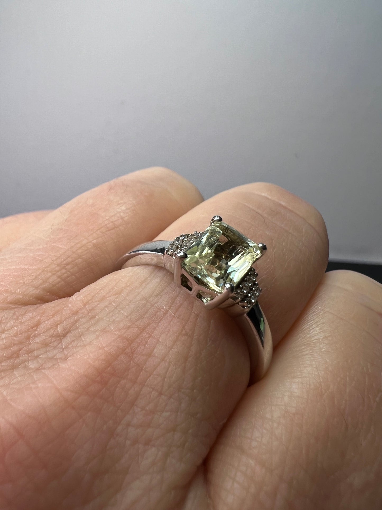 Prasiolite and zircon Sterling silver ring size 9