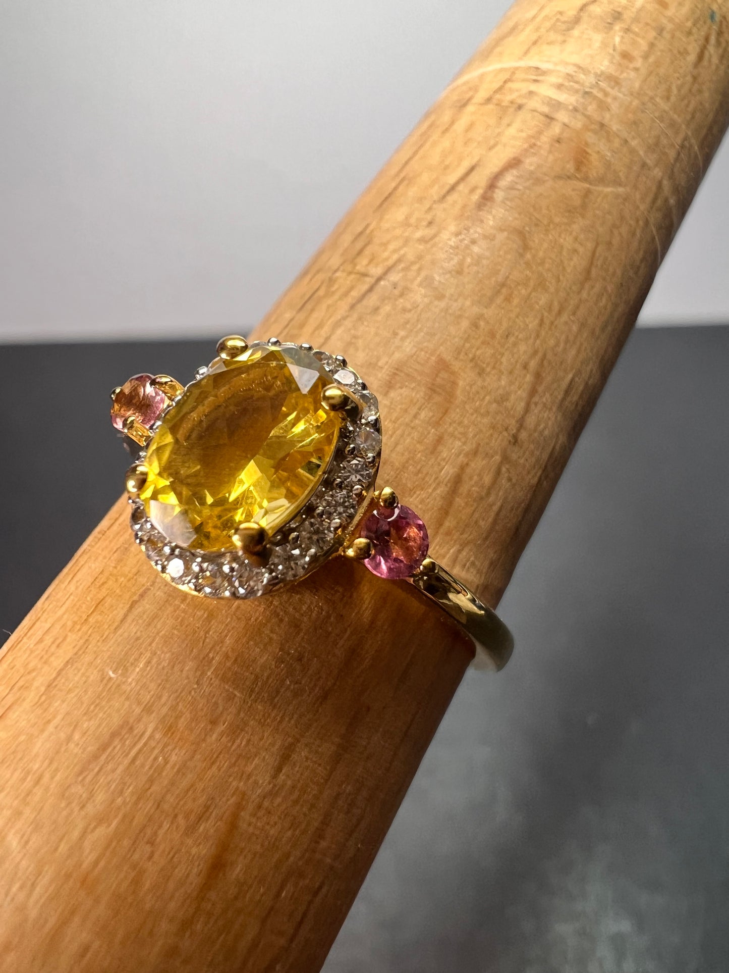 Heliodor and rubellite halo ring in vermeil yellow gold over sterling silver size 9 *NEW*