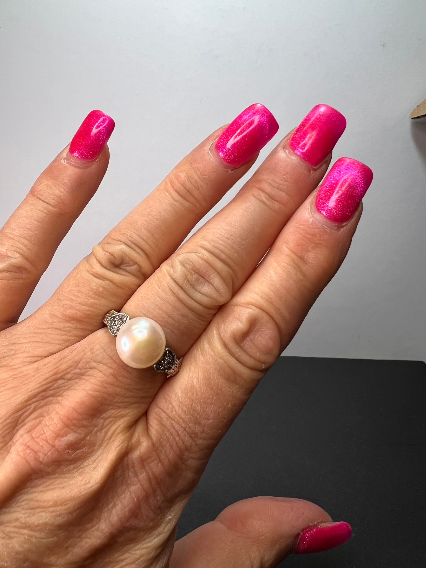 White Cultured Freshwater Pearl And White Topaz Sterling Silver Ring size 8