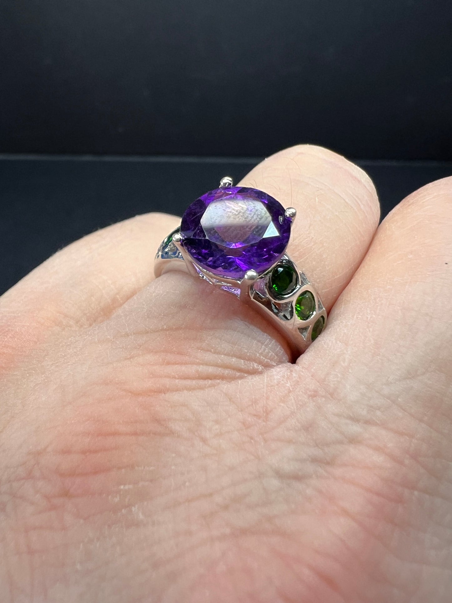 Vintage amethyst and chrome diopside ring in sterling silver size 7