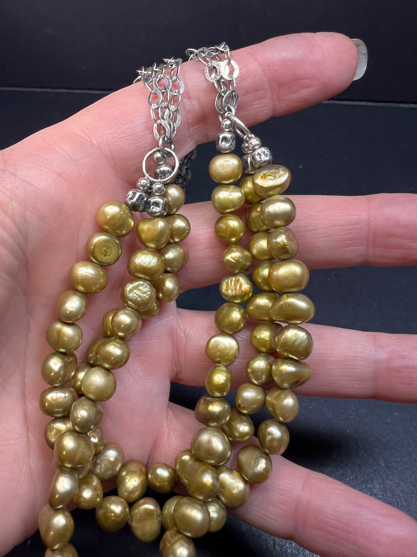 NEW golden green freshwater pearl and sterling silver necklace