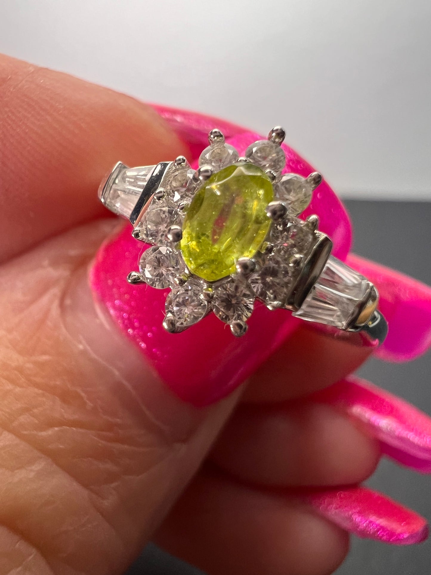 Sphene halo ring in rhodium over sterling silver size 5 *NEW*