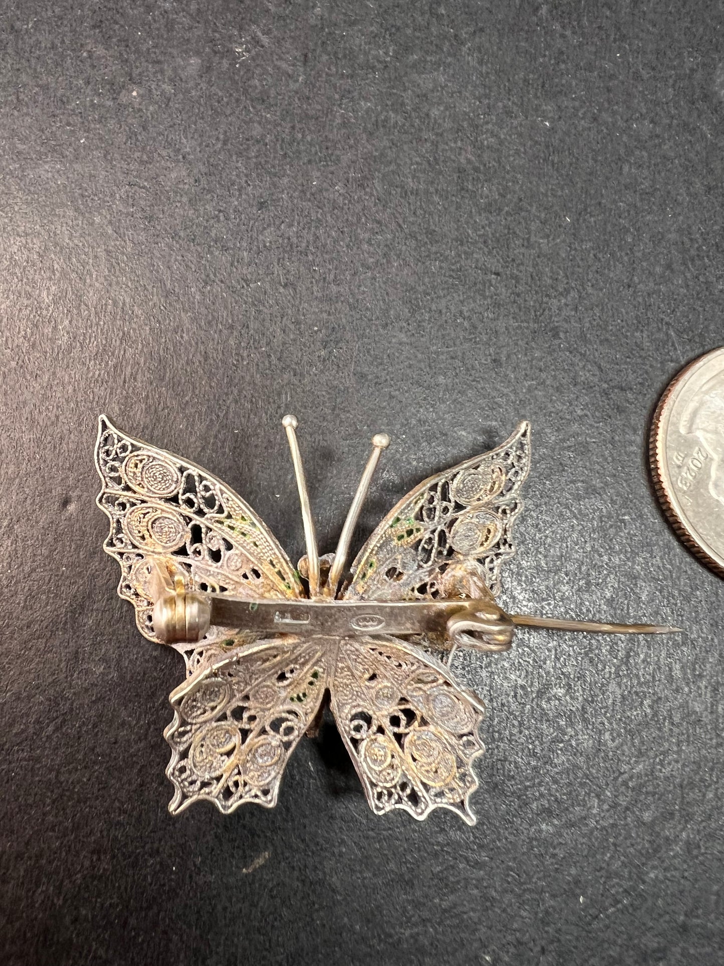 Vintage Alieti Adriana 800 silver Italian enameled filigree butterfly brooch pin