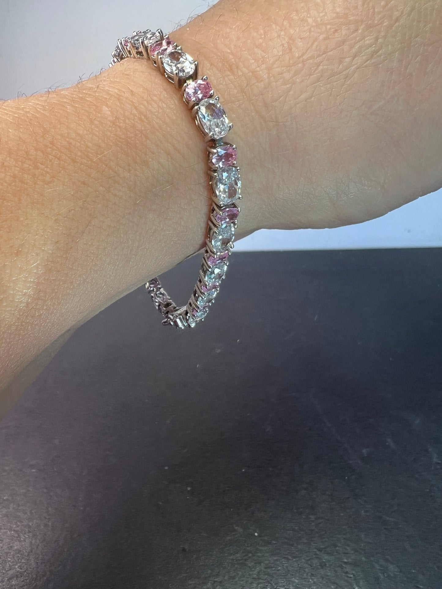 Pink and white cubic zirconia sterling silver 7 inch bracelet