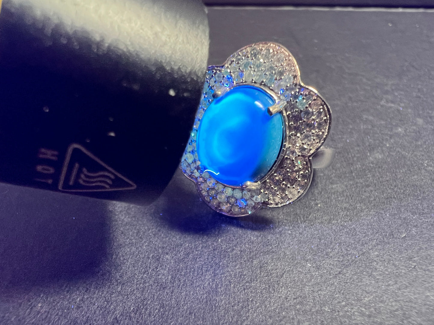 NEW Ceruleite and zircon blossom ring in rhodium over sterling silver size 8