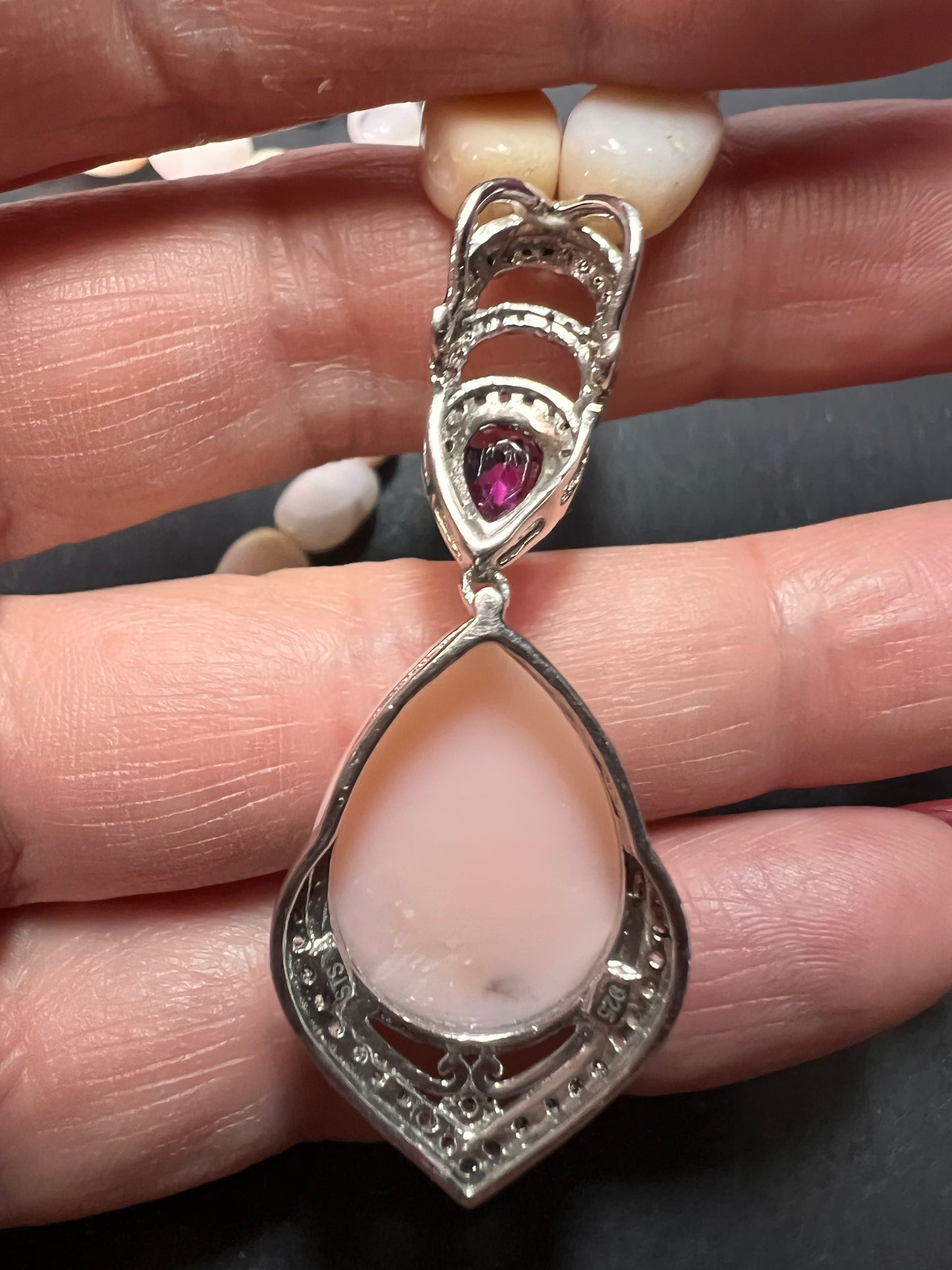 Peruvian pink opal and raspberry rhodolite garnet sterling silver necklace