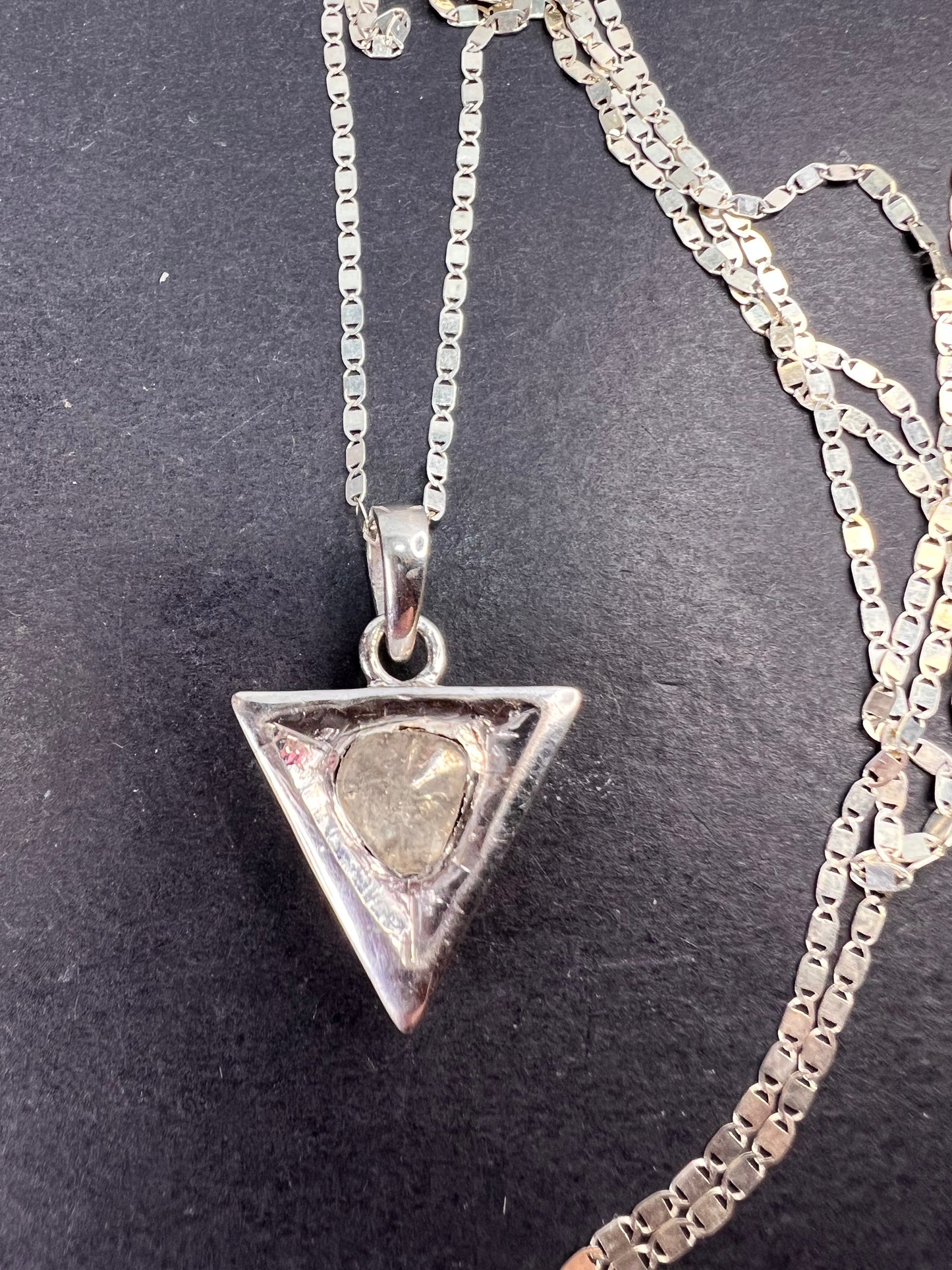 Downward triangle polki diamond pendant and chain necklace in platinum over sterling silver