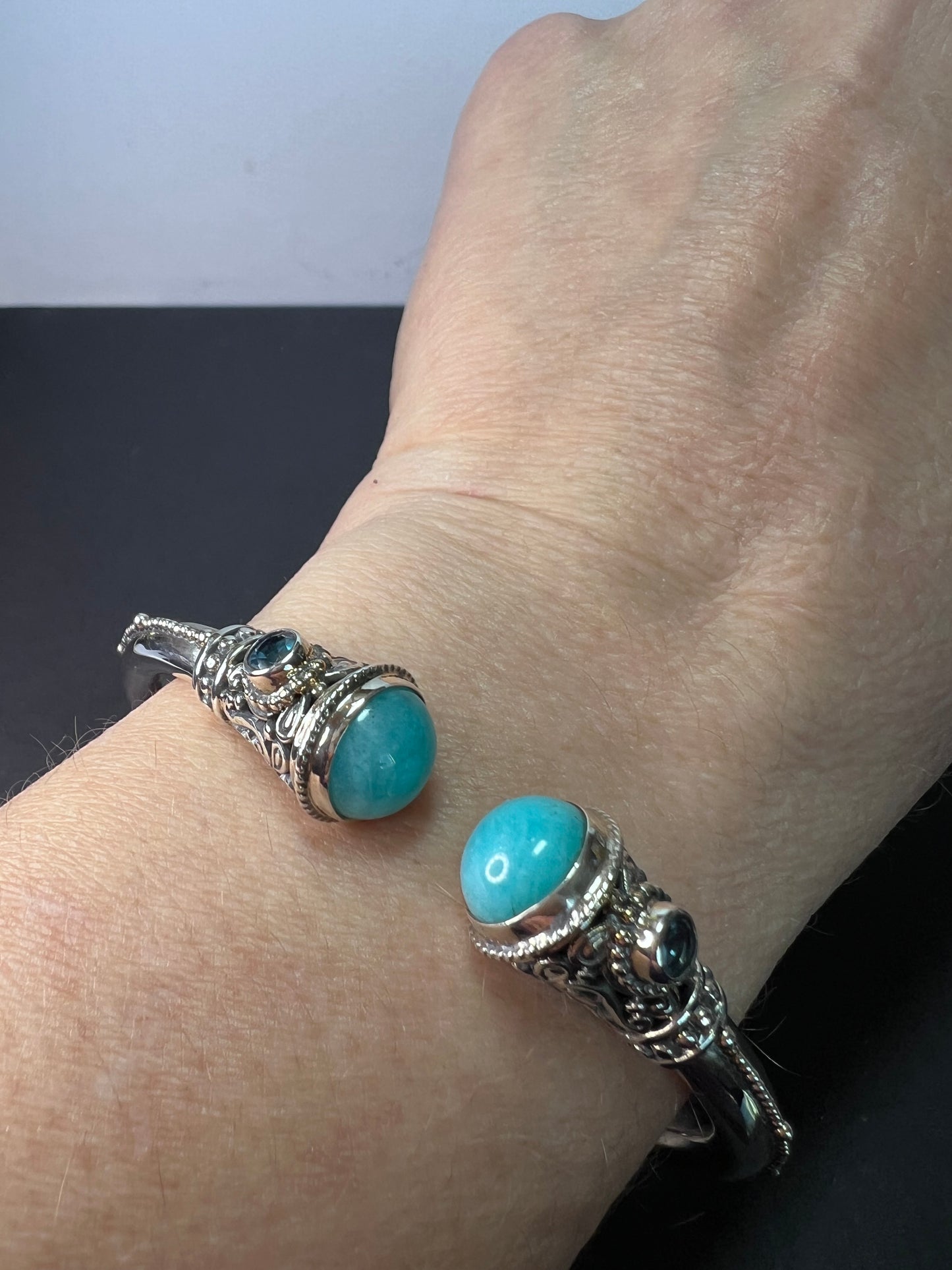 Sarda Sterling silver cuff bracelet with Peruvian amazonite and blue topaz