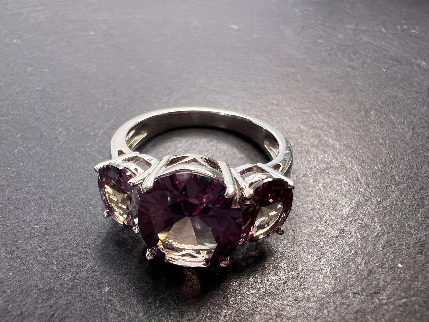 Lab created alexandrite trilogy ring in rhodium over sterling silver size 9