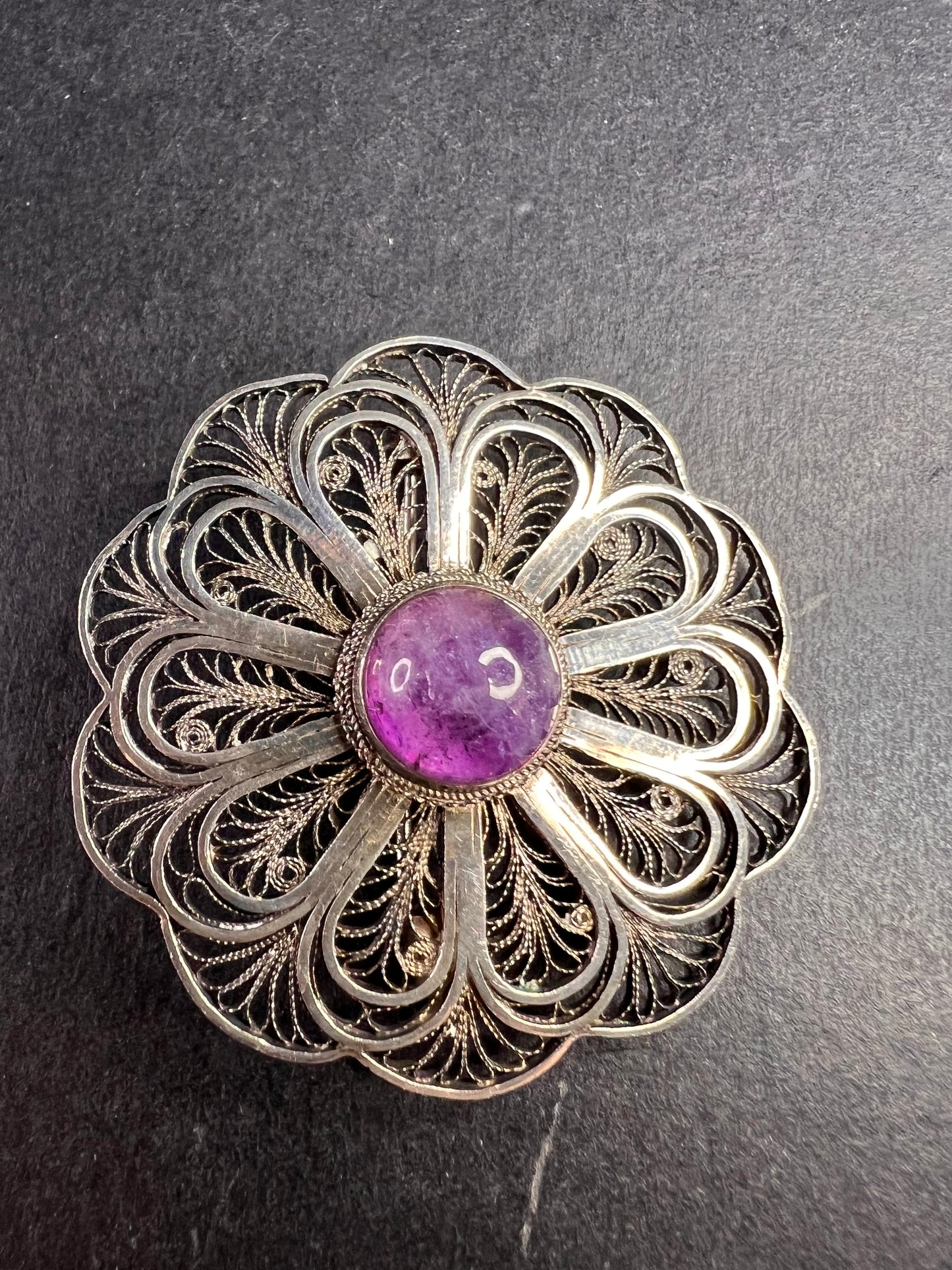 Vintage filigree amethyst sterling silver brooch made in Jerusalem