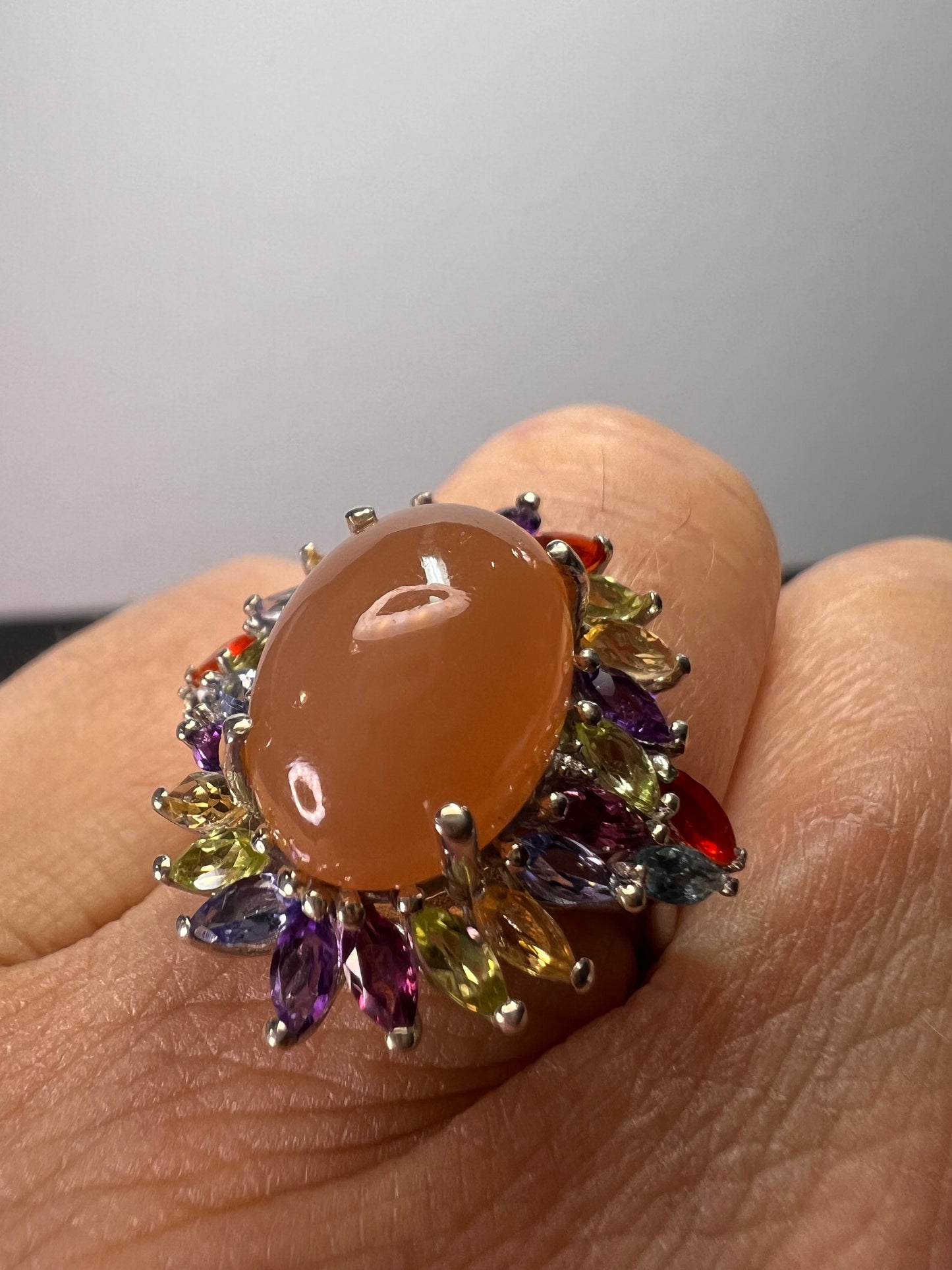 Peach moonstone multi gemstone ring in platinum over sterling silver size 6 *NEW*