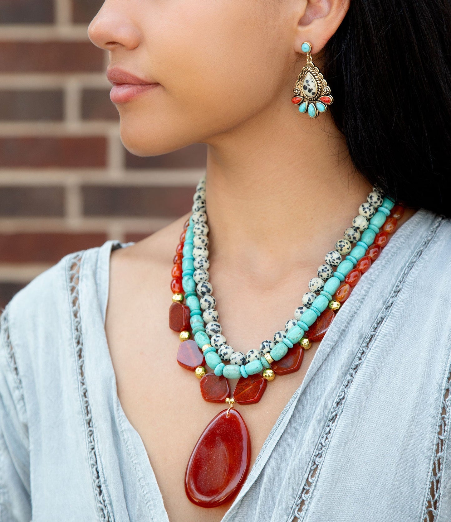 Barse Red Carnelian Colorful Golden Pendant Necklace