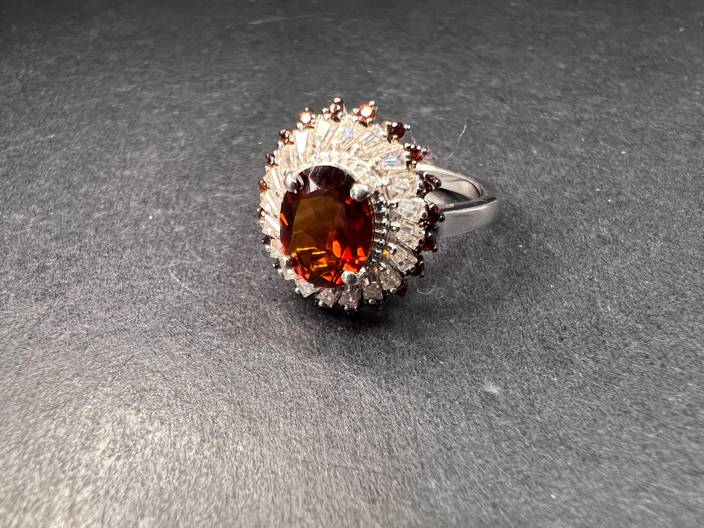NEW Cherry citrine and Moissanite halo ring in platinum over sterling silver size 8