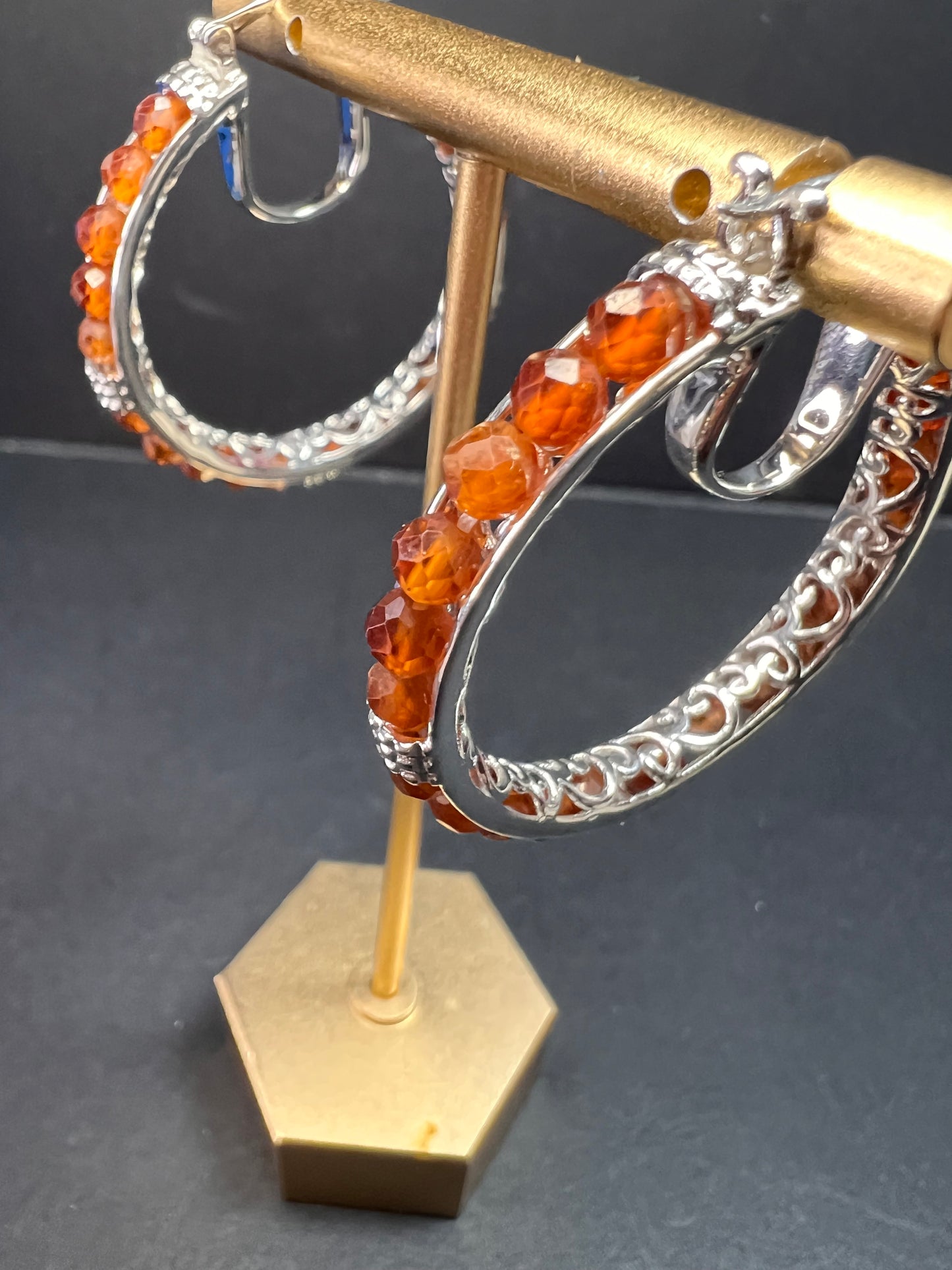 NEW Hessonite garnet hoop earrings in platinum over brass