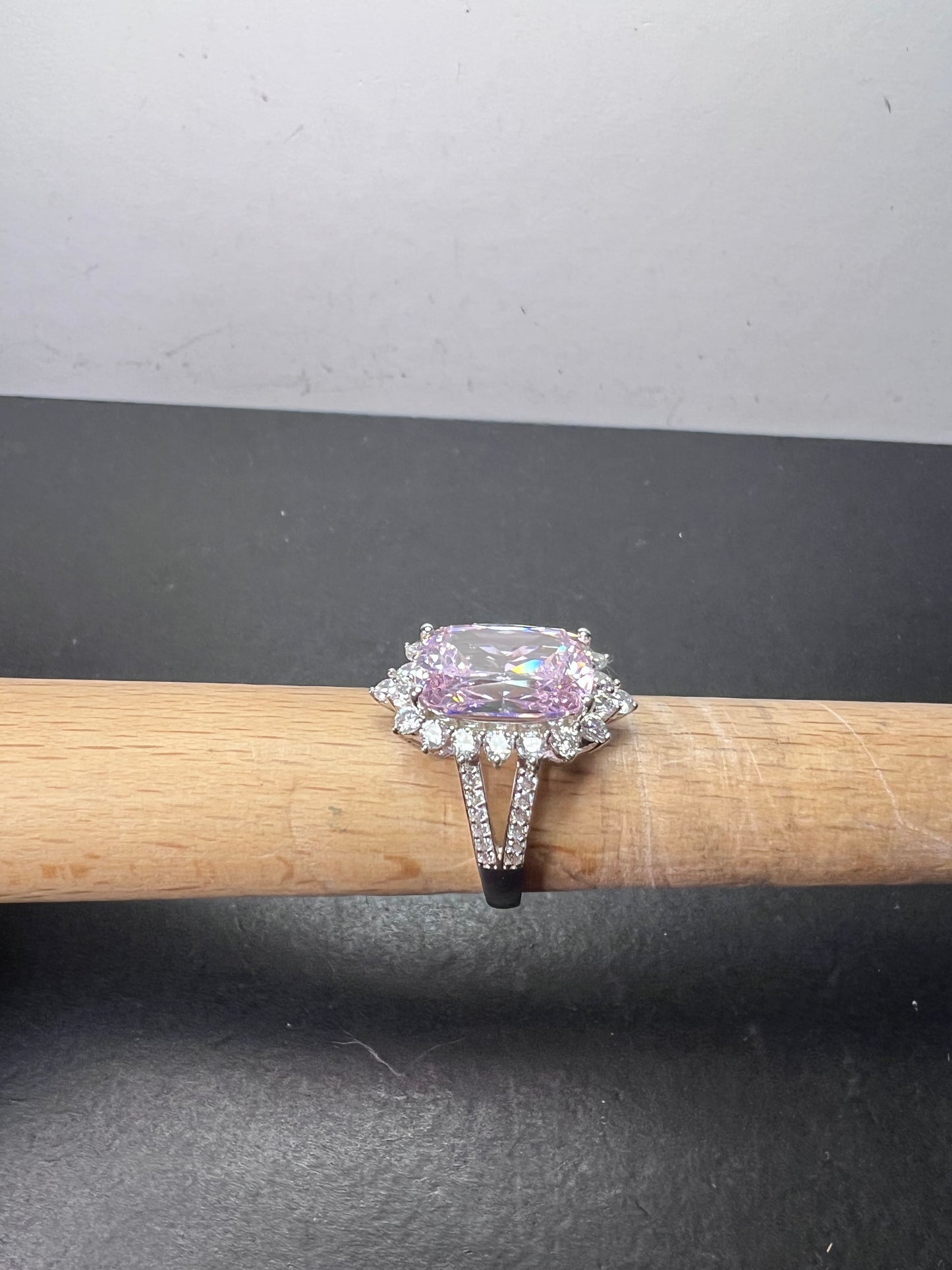 Pink and white CZ sterling silver halo ring size 8