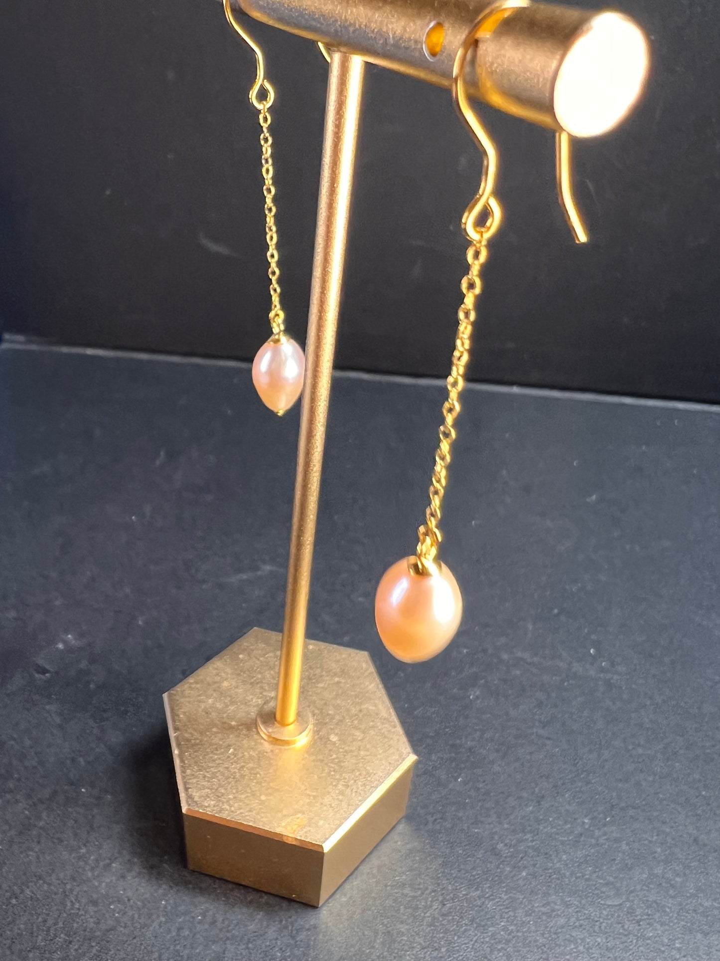 NEW peachy pink freshwater pearl chain dangles on gold over sterling silver