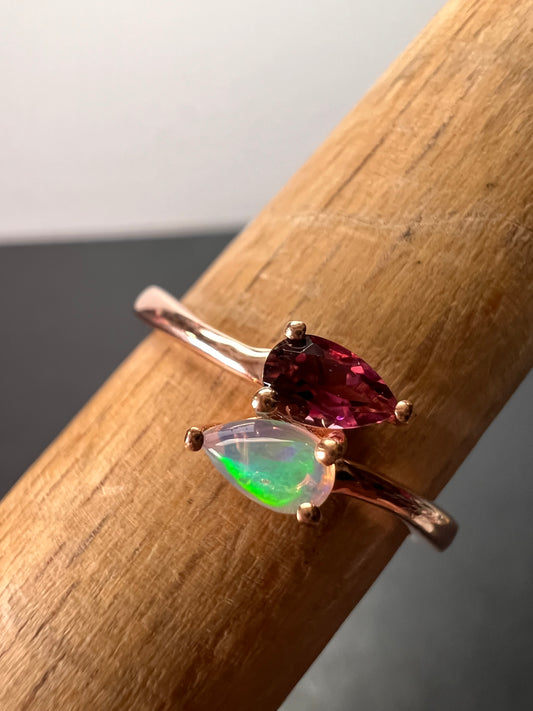 Rubellite and Ethiopian welo opal bypass ring in rose gold vermeil over sterling silver size 7. .35ctw