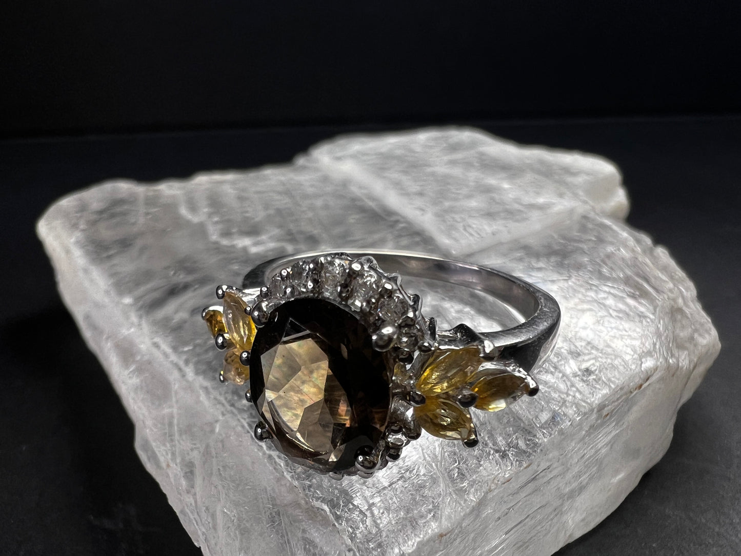 Smoky Quartz Citrine White Topaz Sterling Silver Ring Size 9 Estate