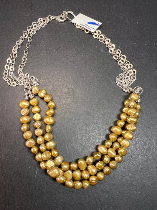 NEW golden green freshwater pearl and sterling silver necklace