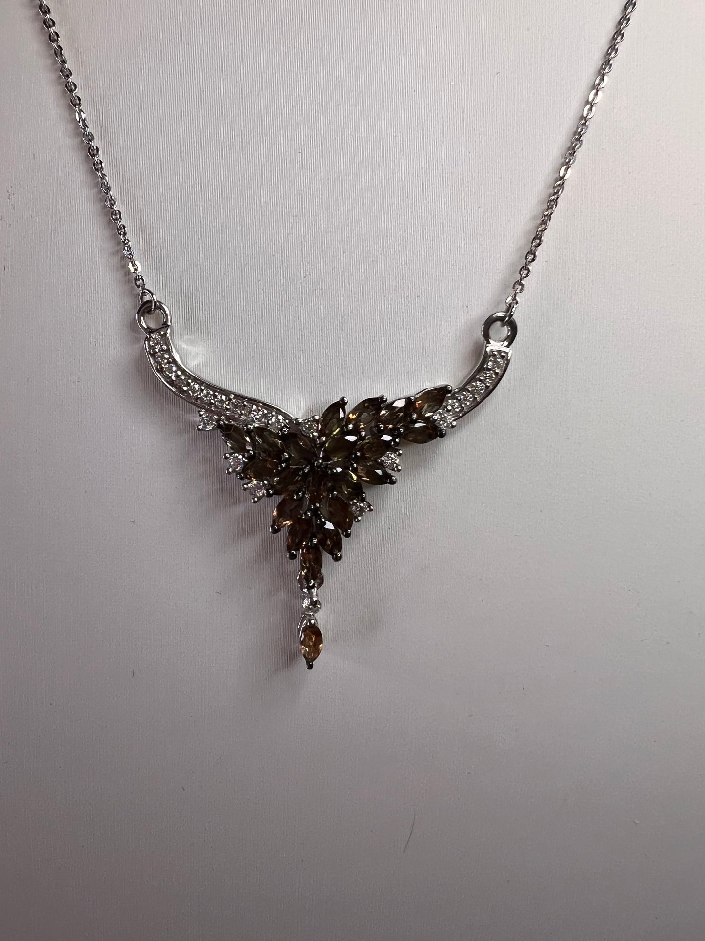 NEW Andalusite and Moissanite floral necklace in rhodium over sterling silver