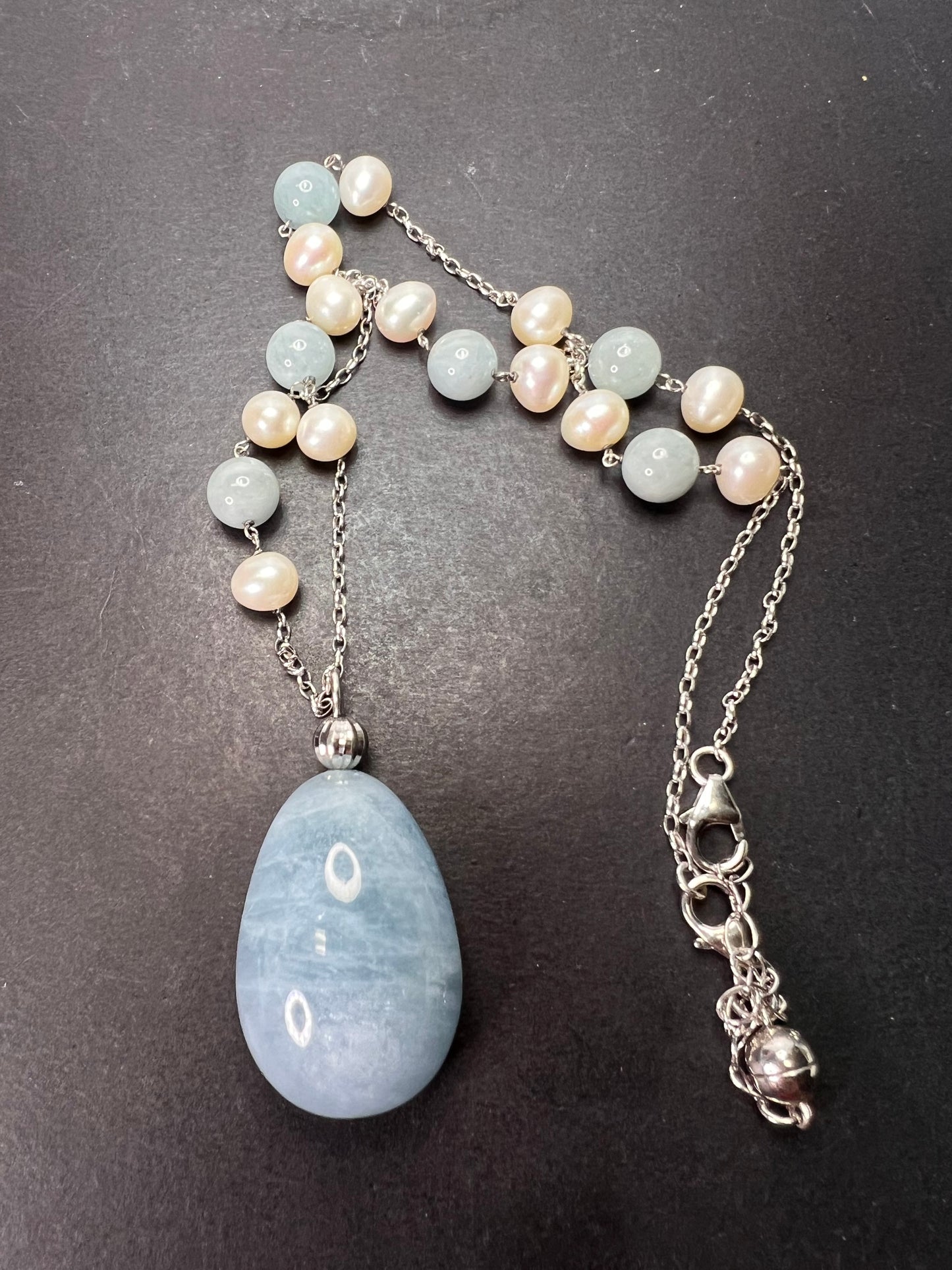 Aquamarine and pearl sterling silver station necklace