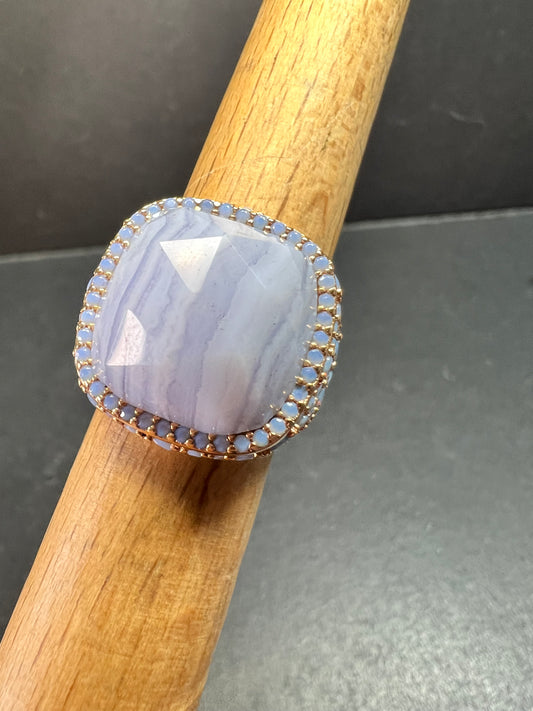 New With Tag Blue Lace Agate 18K Rose Gold Plated Ring Size 7