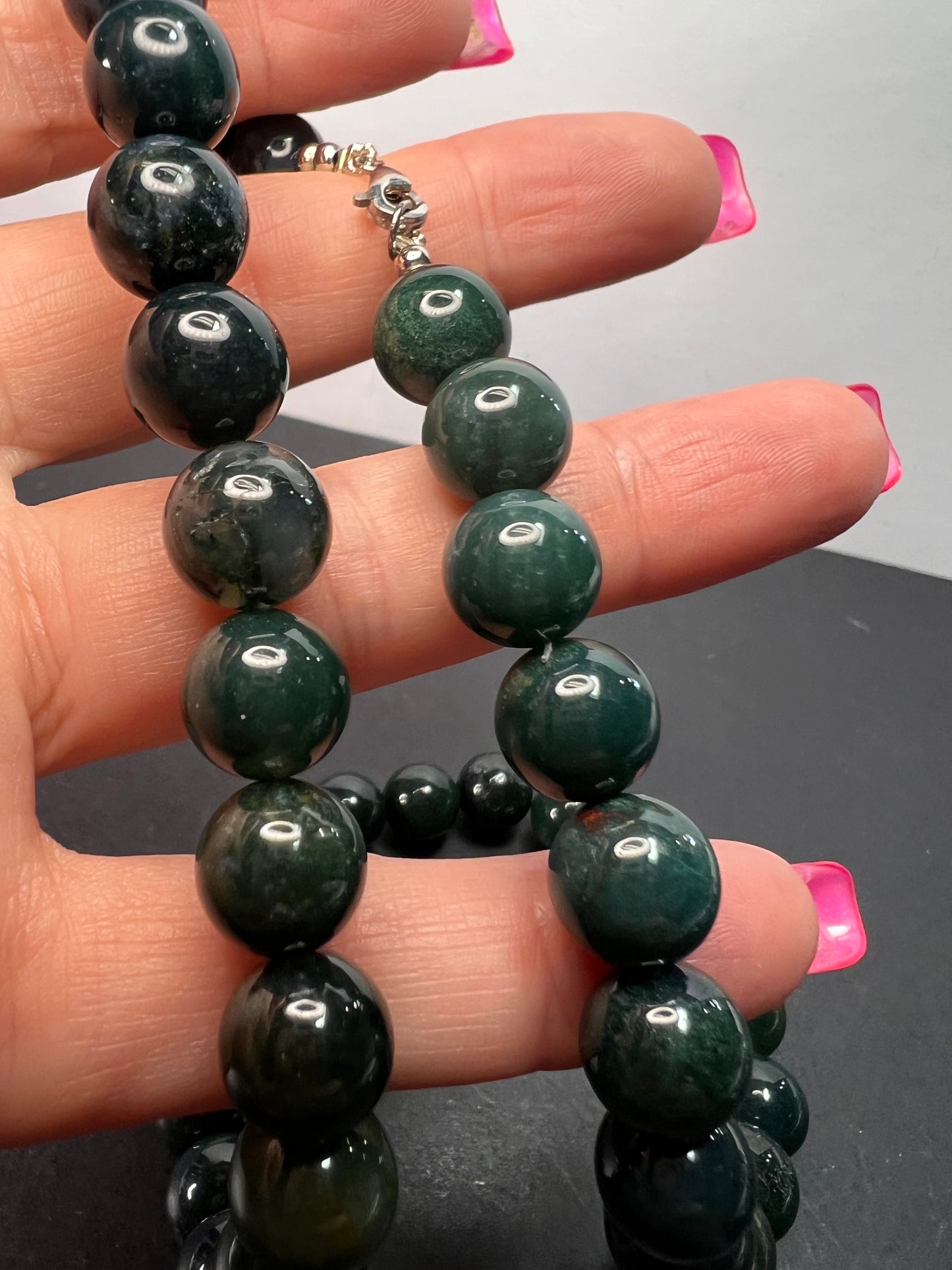 Moss agate 18 inch beaded necklace with sterling silver clasp