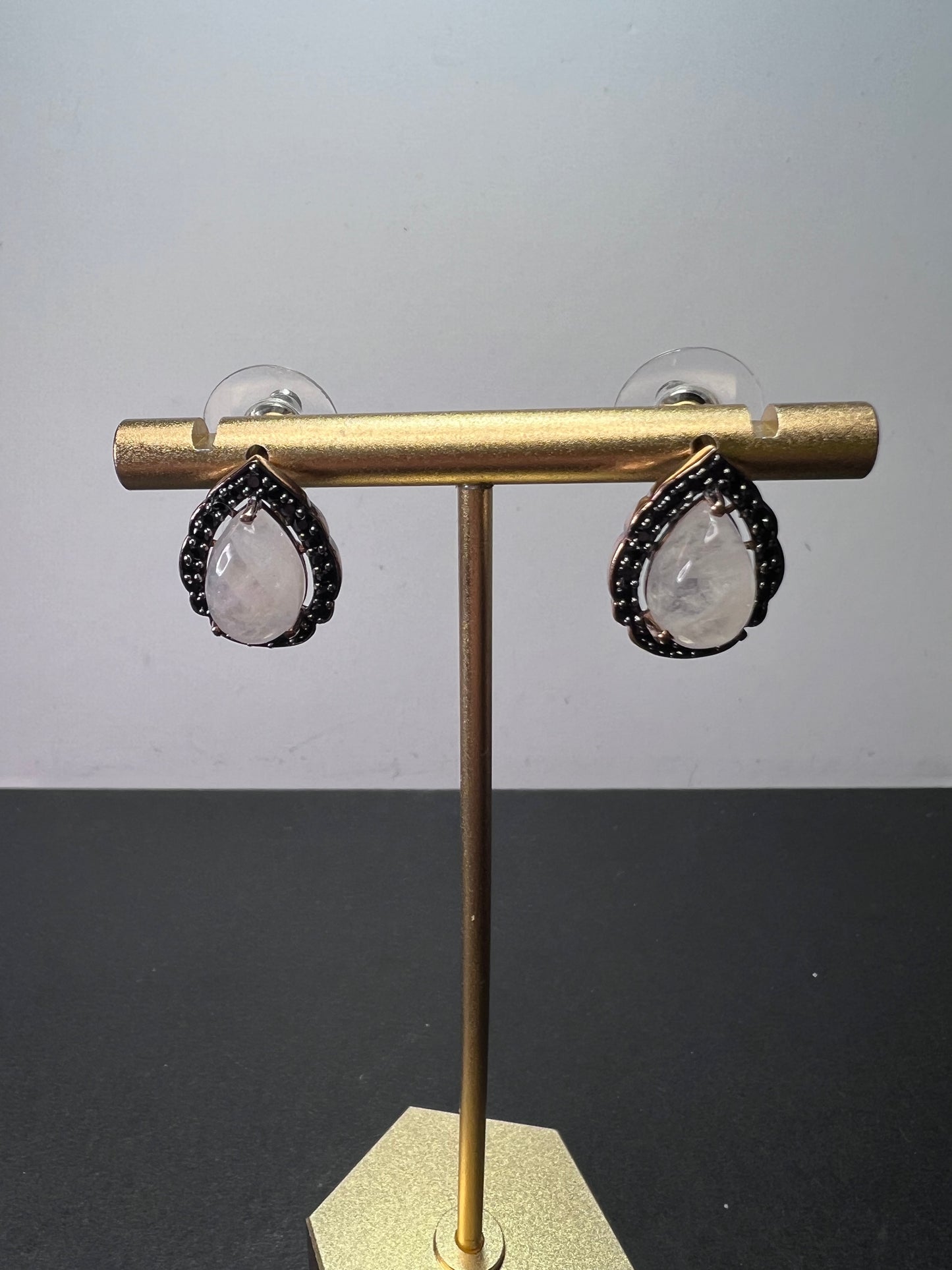 Rainbow moonstone and black spinel tear drop stud halo earrings in rose gold over sterling silver