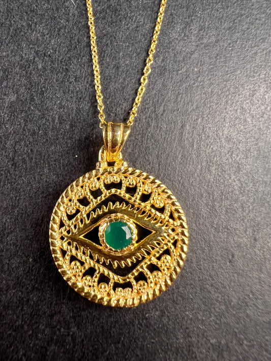 NEW Green onyx evil eye pendant and chain in gold over sterling silver