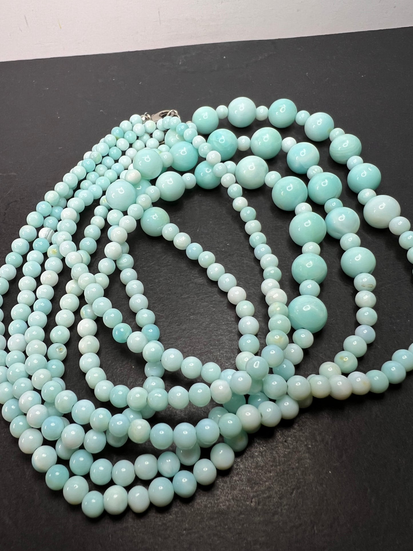 Peruvian blue opal triple strand necklace with sterling silver clasp