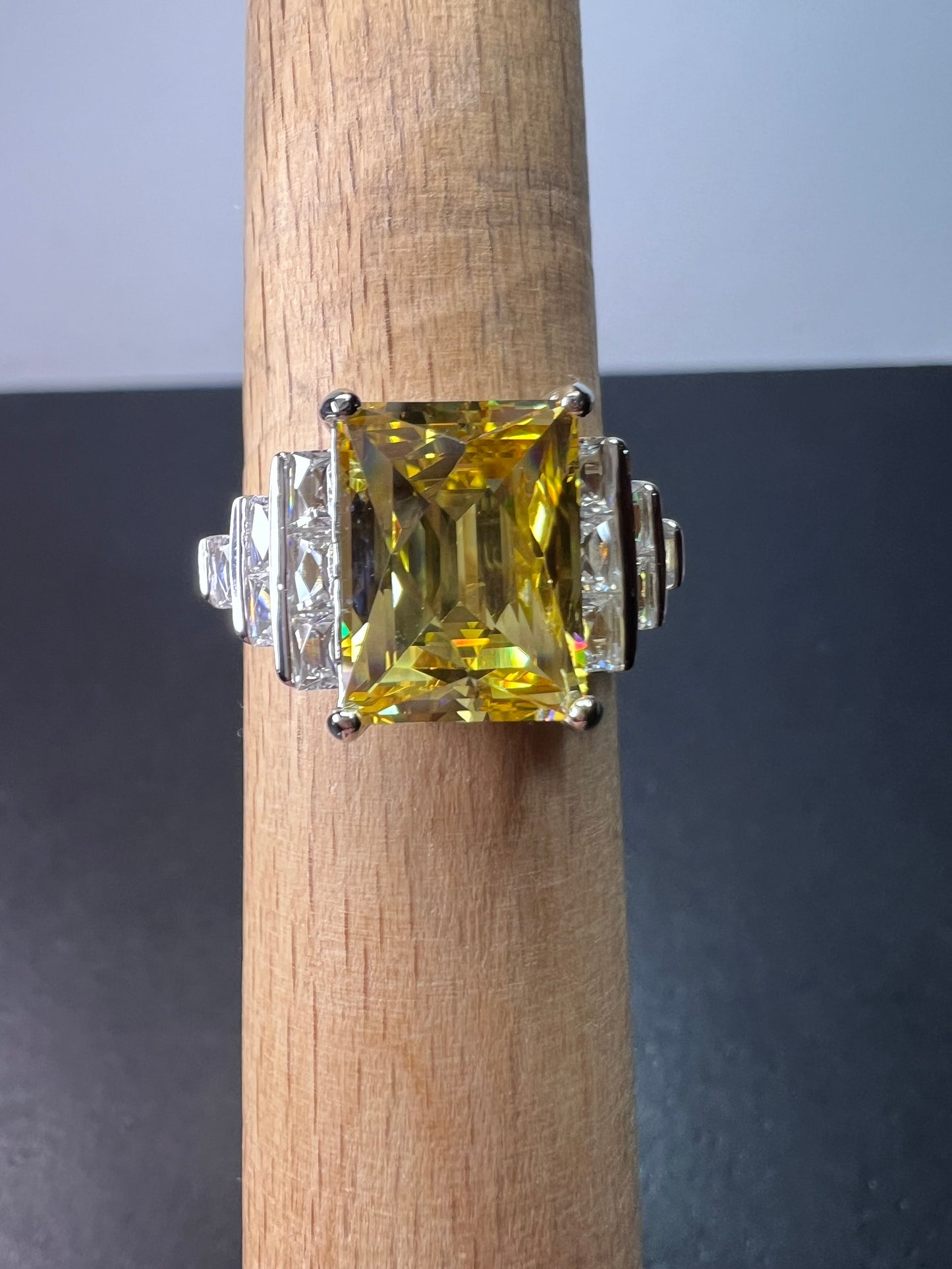 Yellow and white cz sterling silver cocktail ring size 9