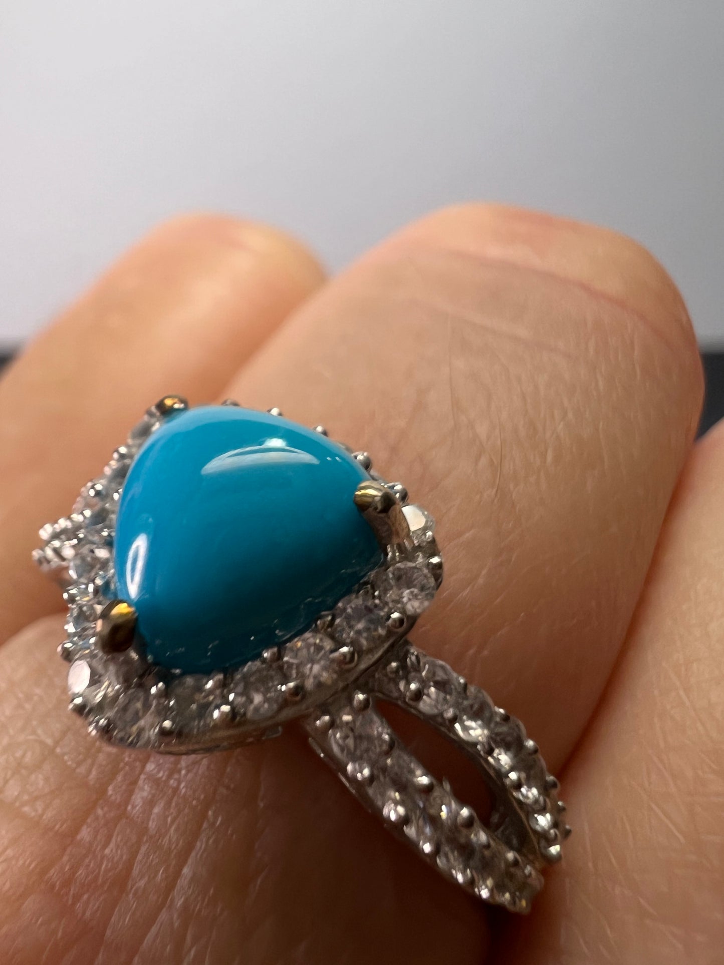 American sleeping beauty turquoise and zircon ring in platinum over sterling silver 2.60 ctw size 8