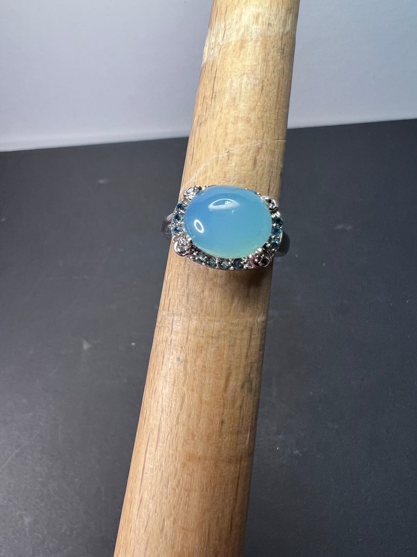 Aqua blue chalcedony blue topaz sterling silver halo ring size 7